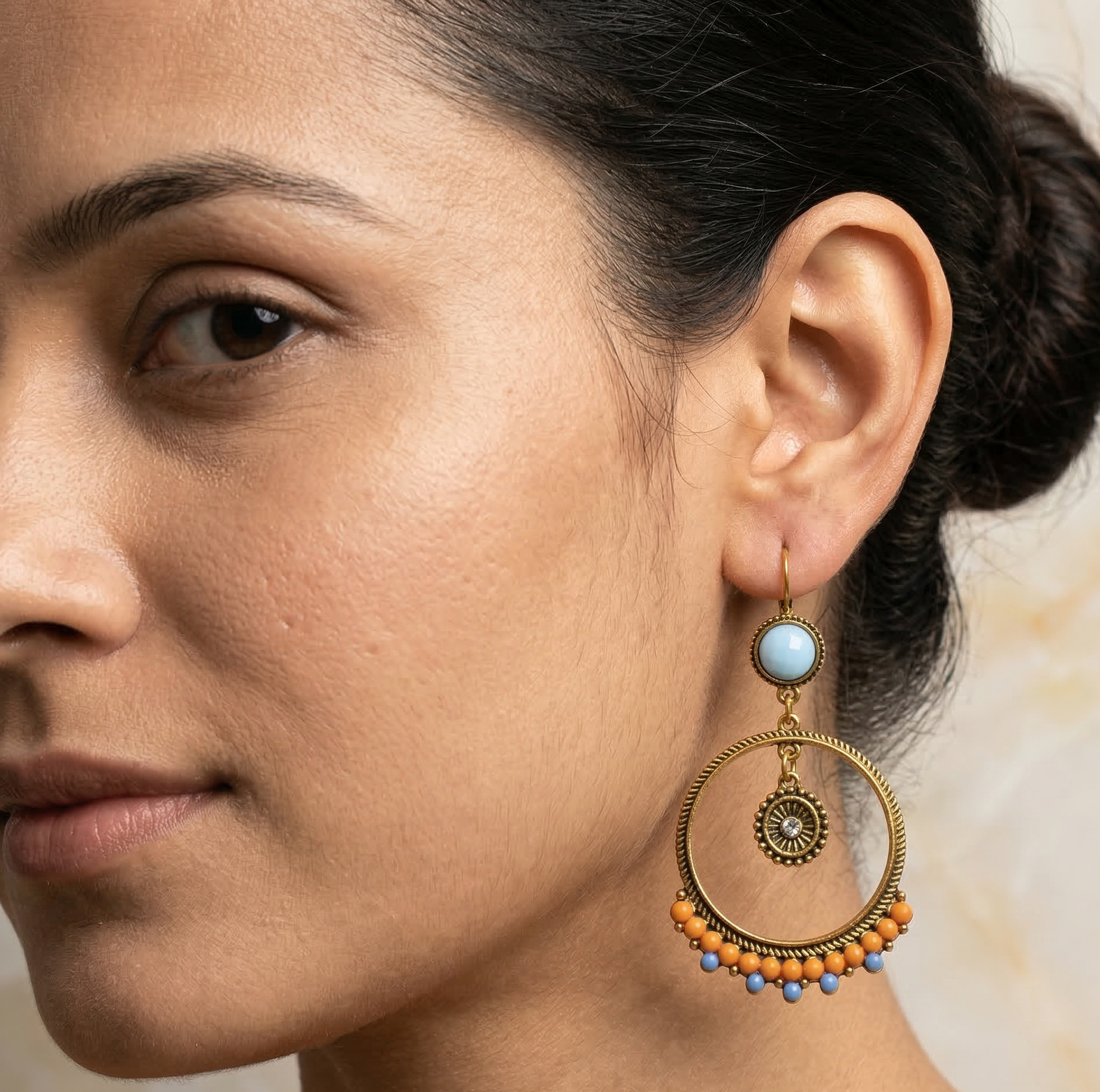 Bohemian Beaded Hoop Drop Earrings Gold Tone Alloy