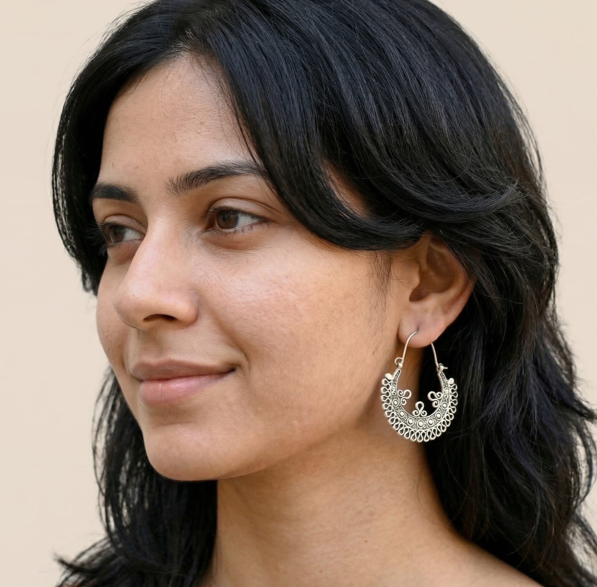 Antique Silver Carved Hoop Earrings Boho Ethnic Style
