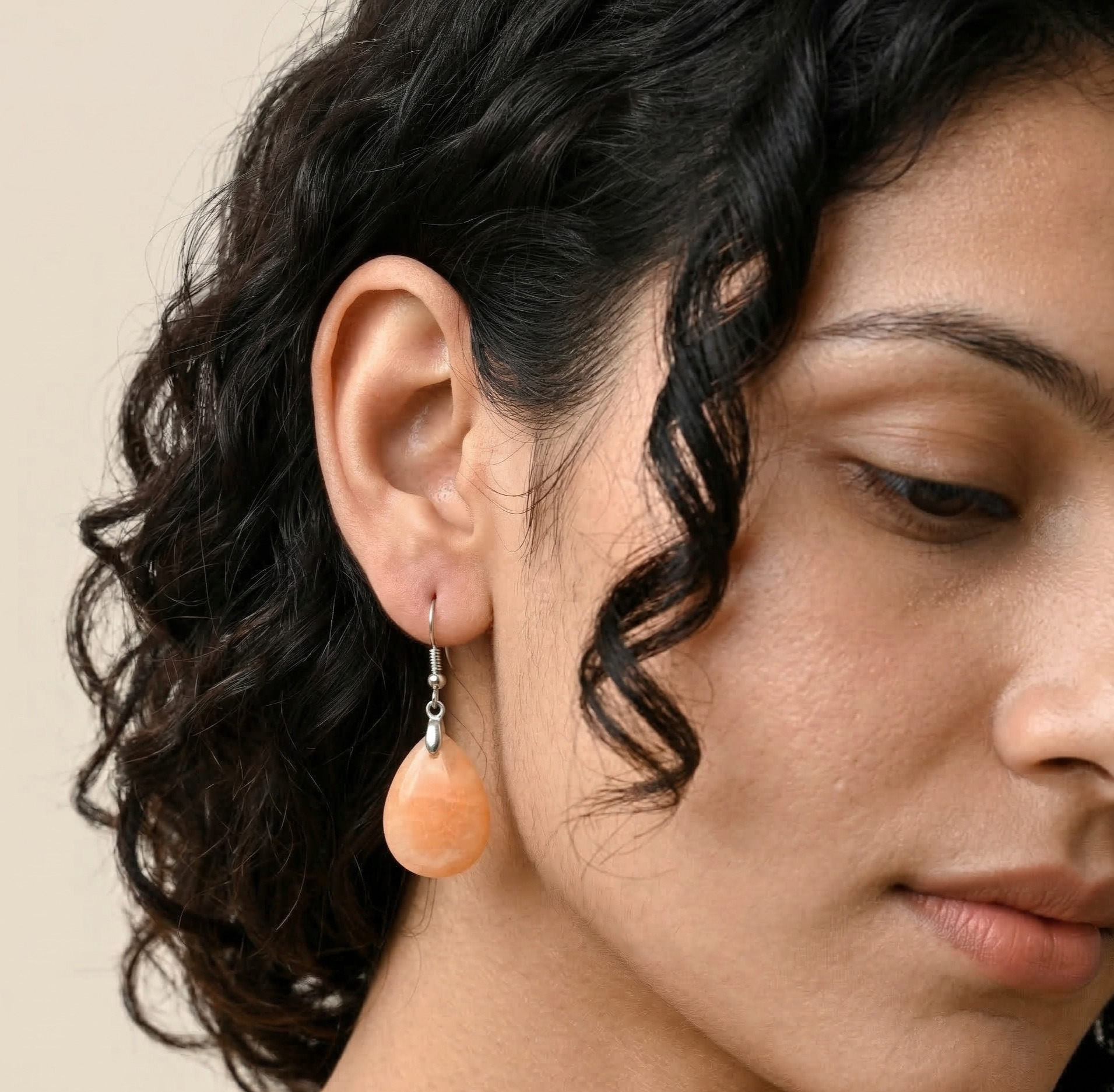 Peach Aventurine Drop Earrings Silver Tone Hook