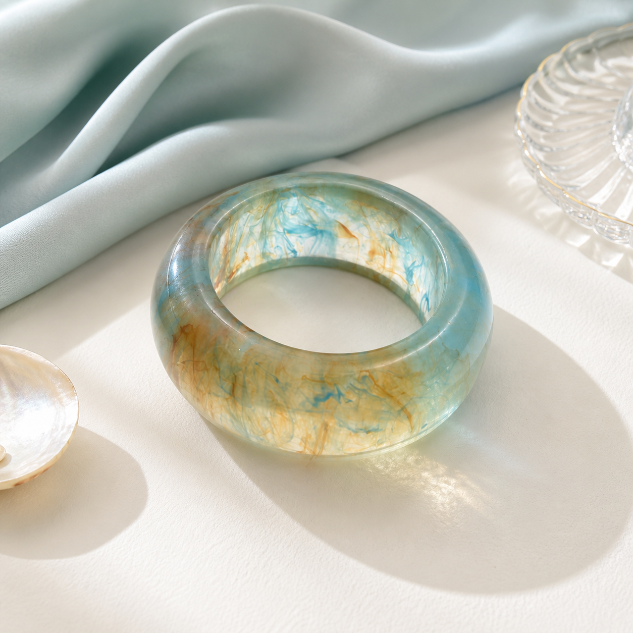 Aqua Swirl Resin Round Bangle Bracelet for Women