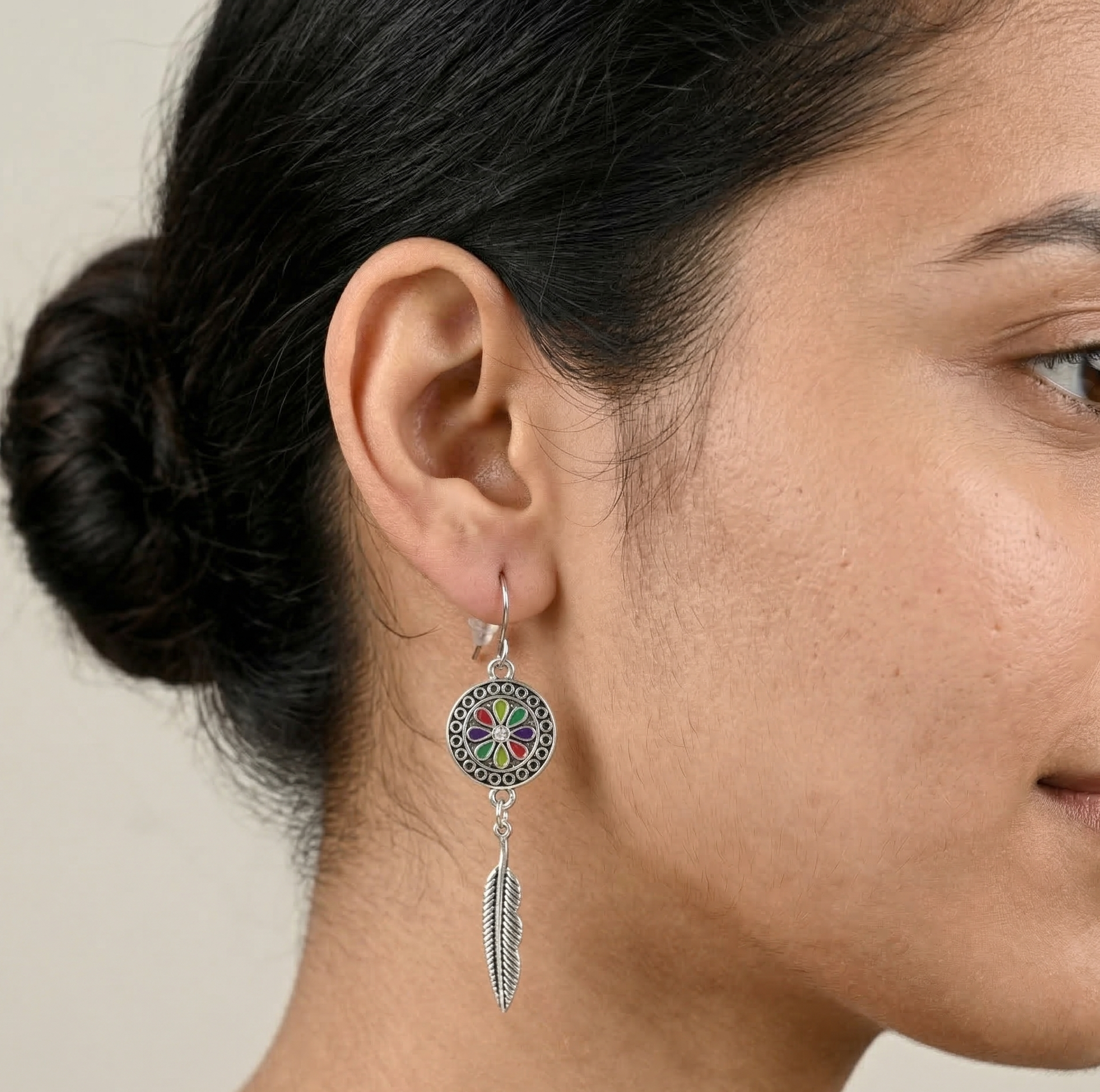 Bohemian Enamel Feather Drop Earrings Silver Tone Alloy