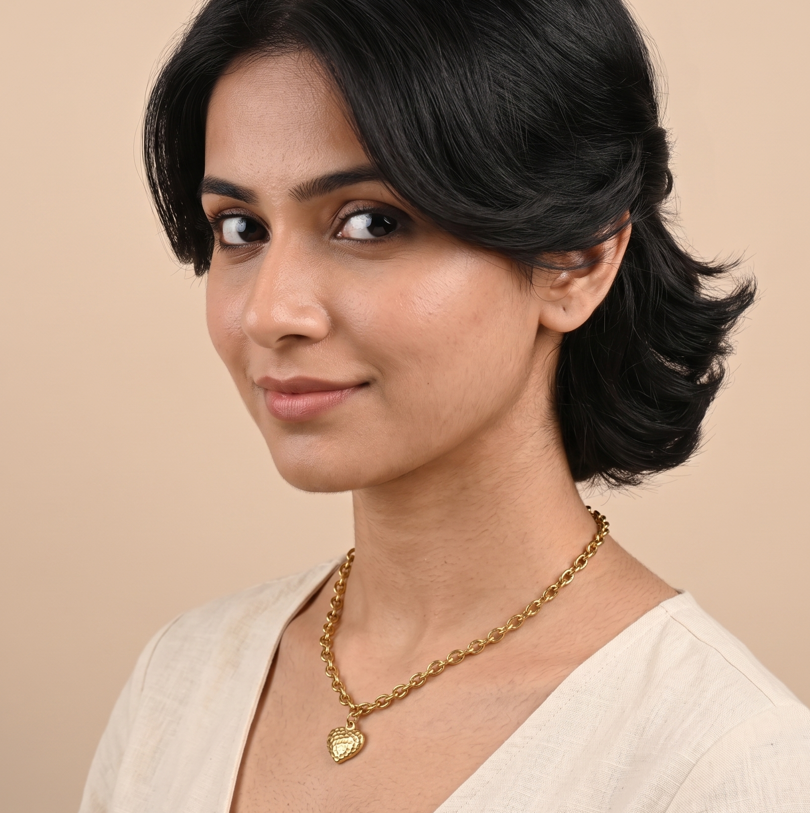 18K Gold Textured Heart Pendant Necklace for Women – Chunky Chain Charm Necklace