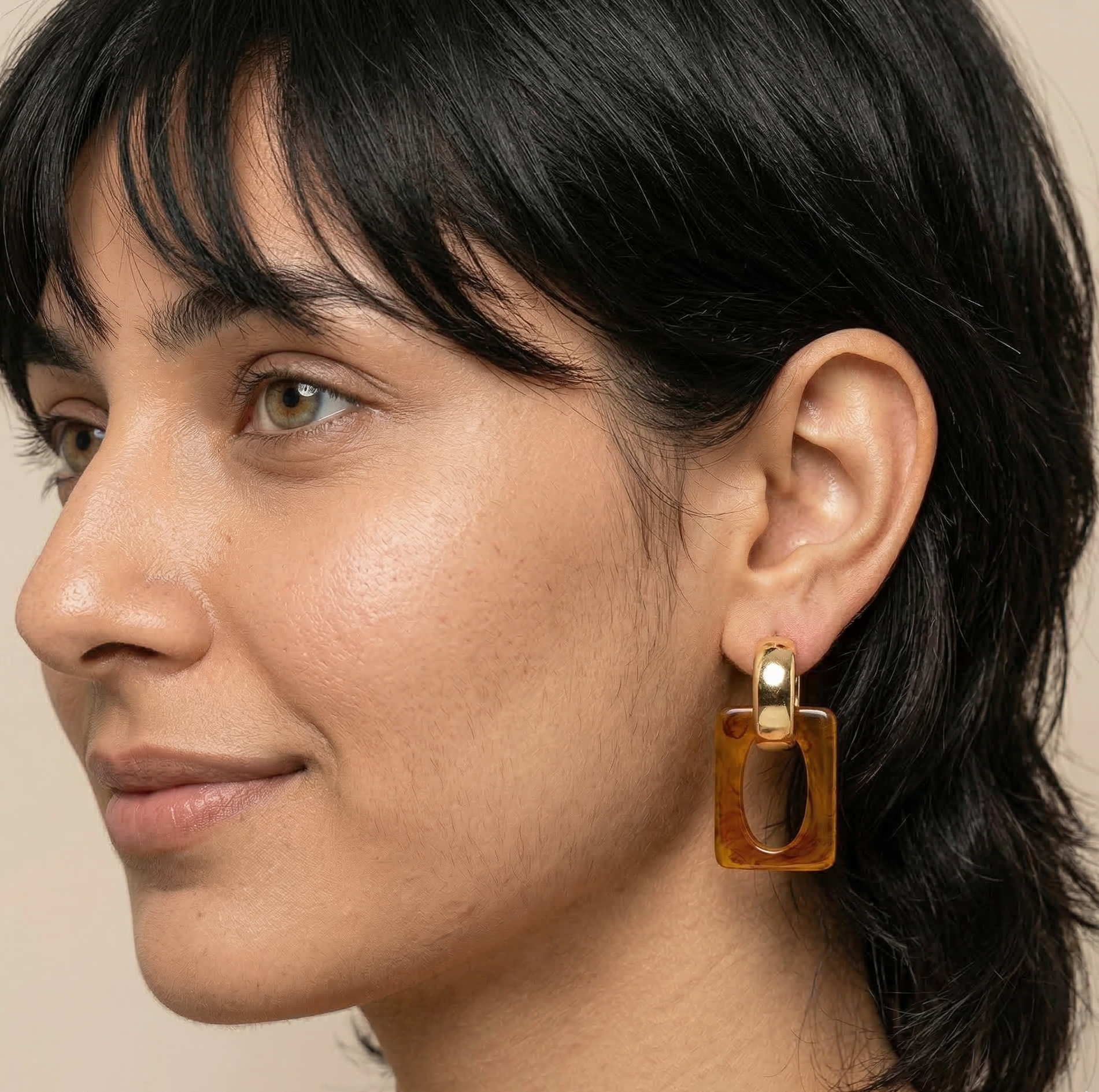 Amber Marbled Resin Rectangle Drop Earrings Gold Tone S925 Silver Pin