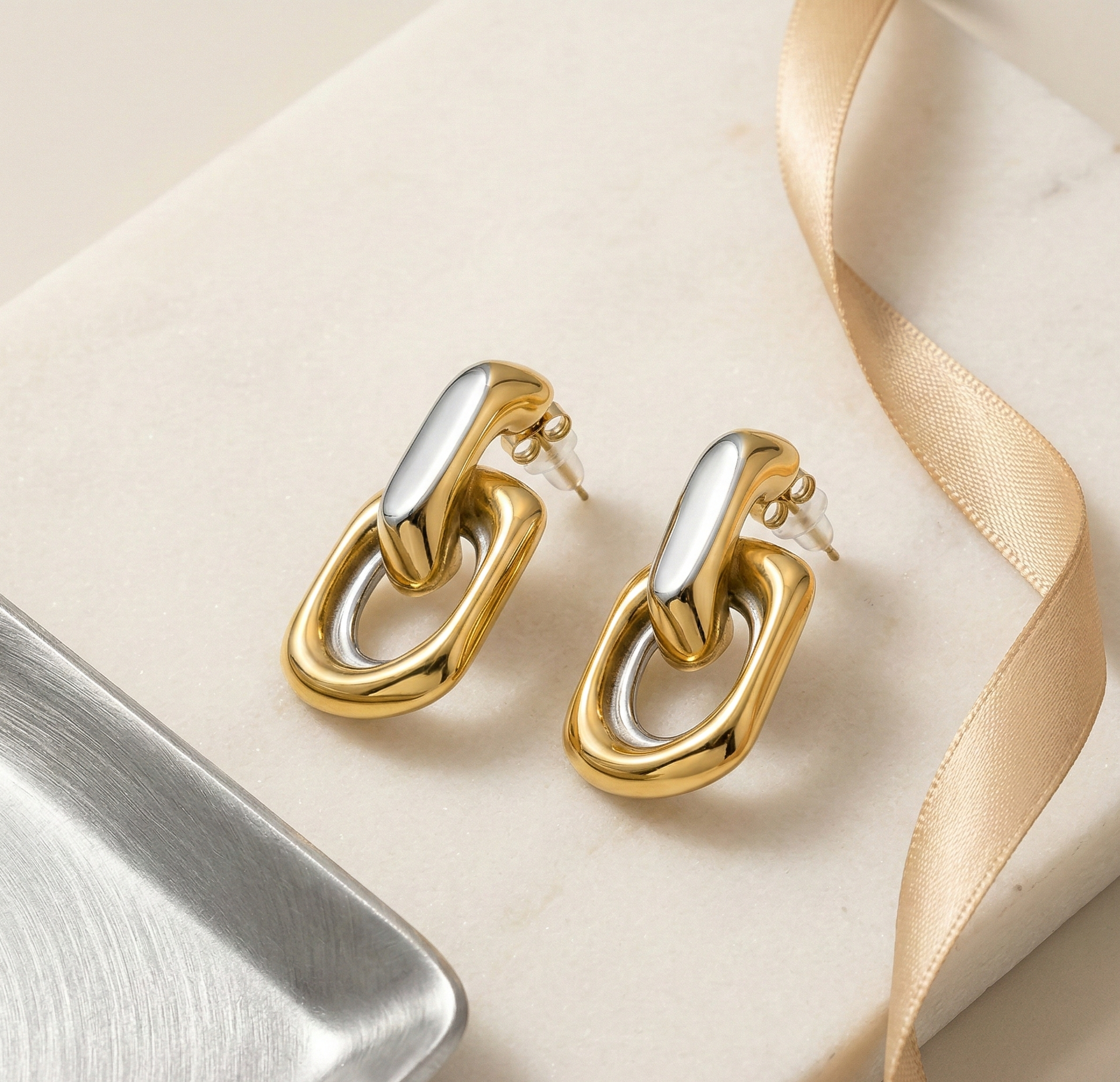 Chunky Two Tone Geometric Stud Earrings