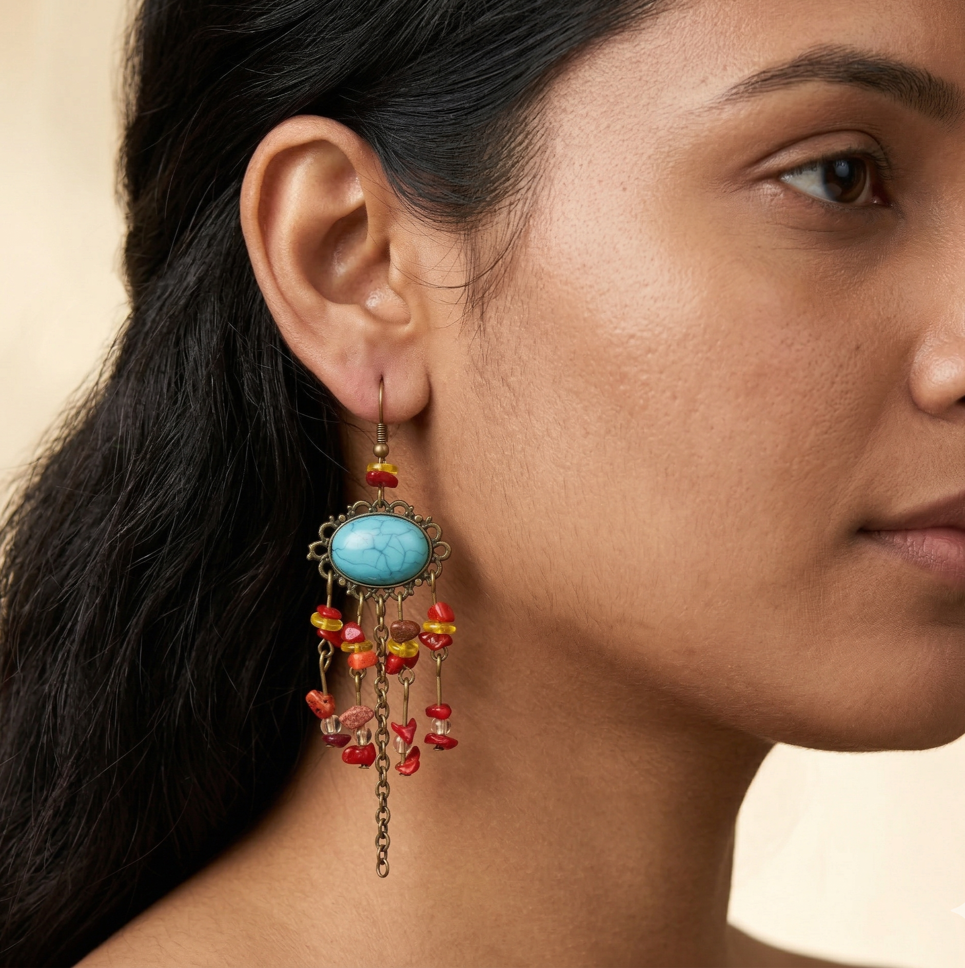 Vintage Turquoise and Red Tassel Drop Earrings