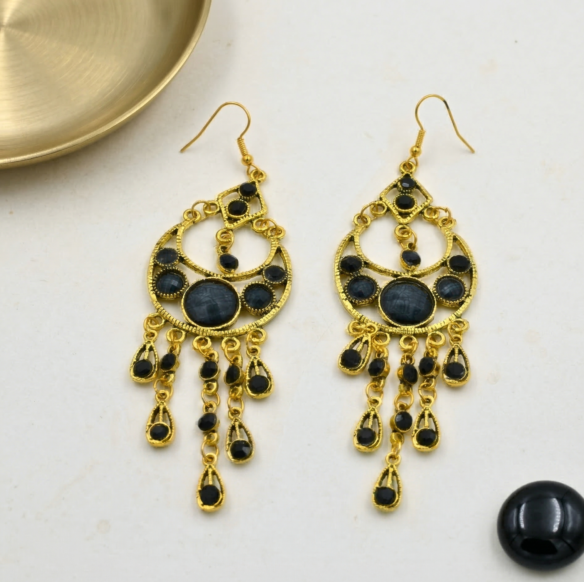 Bohemian Dark Stone Tassel Earrings Gold Tone Alloy