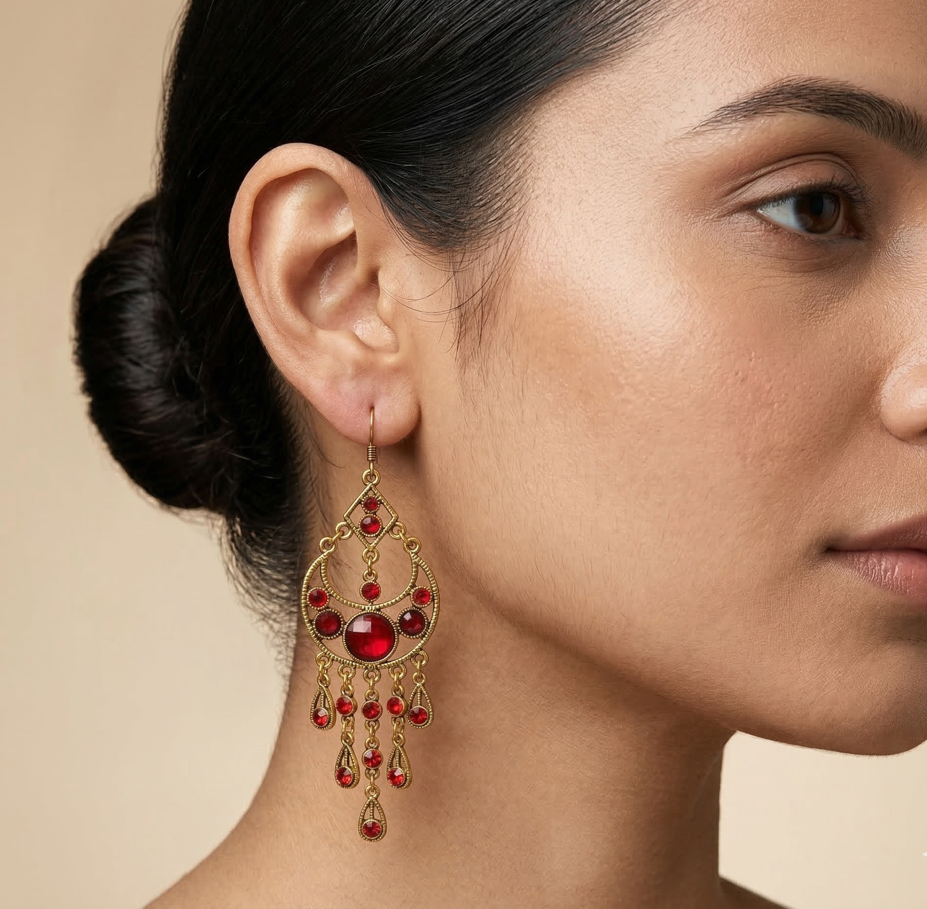 Bohemian Red Stone Tassel Earrings Gold Tone Alloy