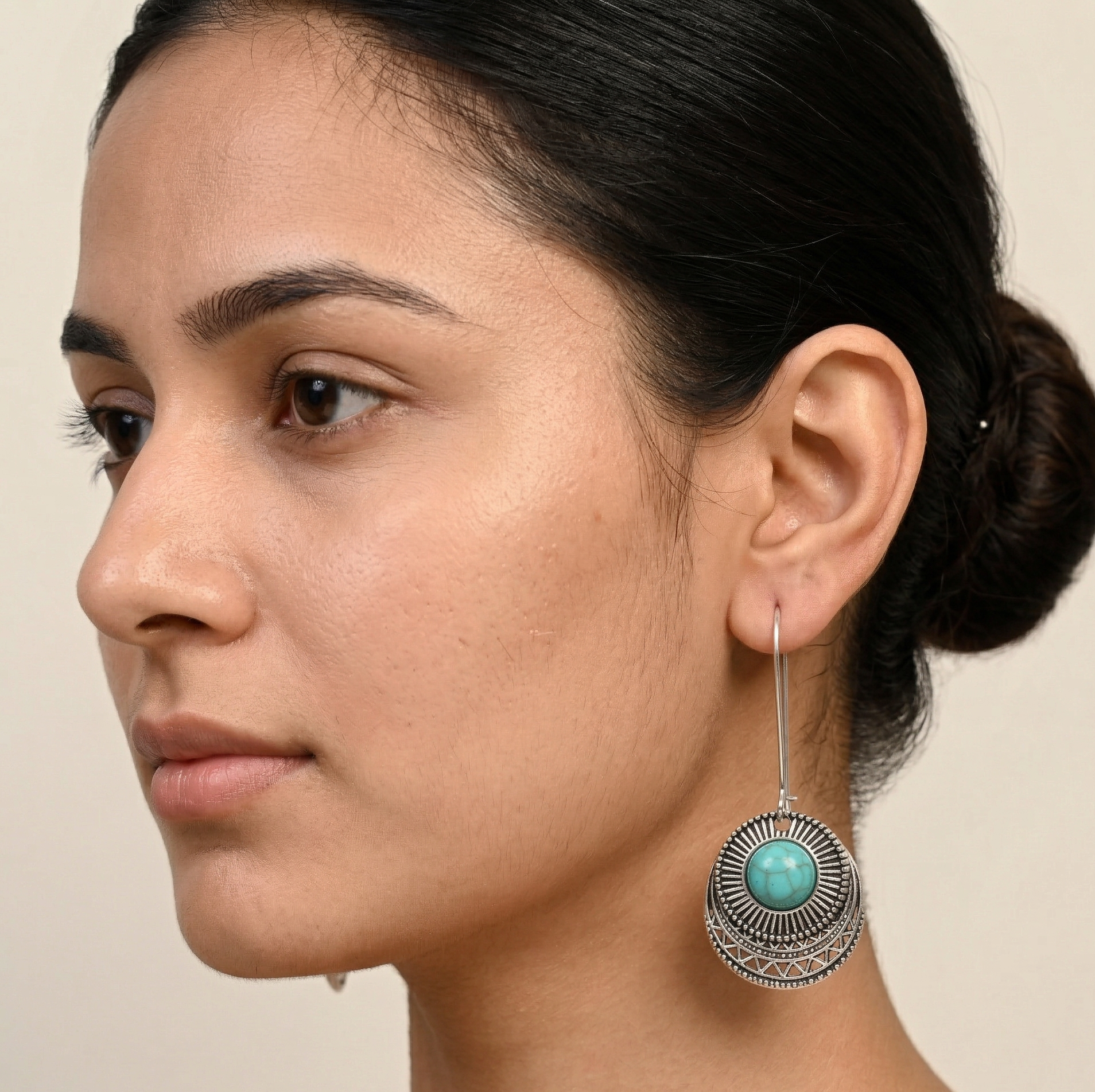 Retro Turquoise Round Drop Earrings Silver Tone Alloy