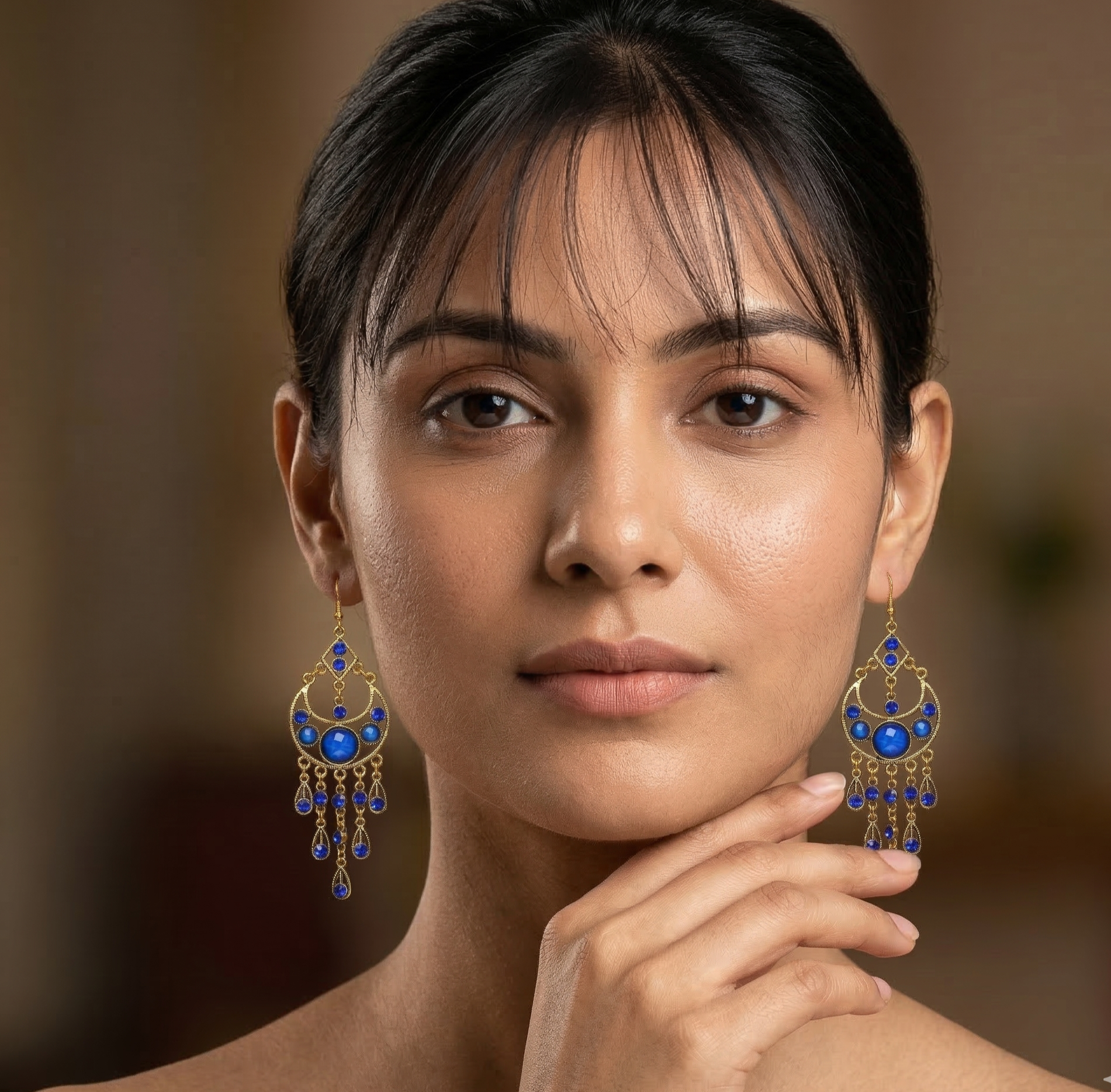 Bohemian Blue Stone Tassel Earrings Gold Tone Alloy