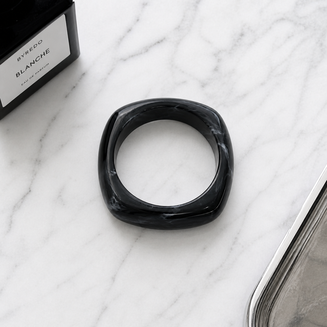 Black Marble Resin Square Bangle Bracelet for Women