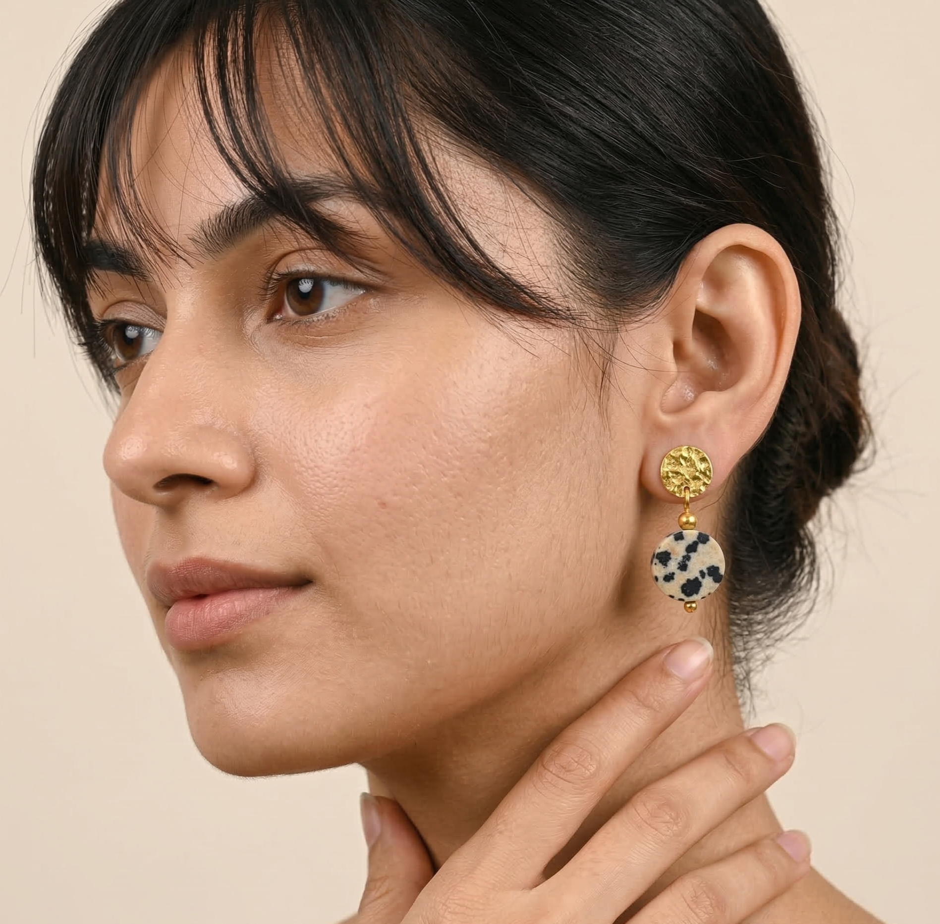 Dalmatian Jasper Drop Earrings Gold Tone Metal