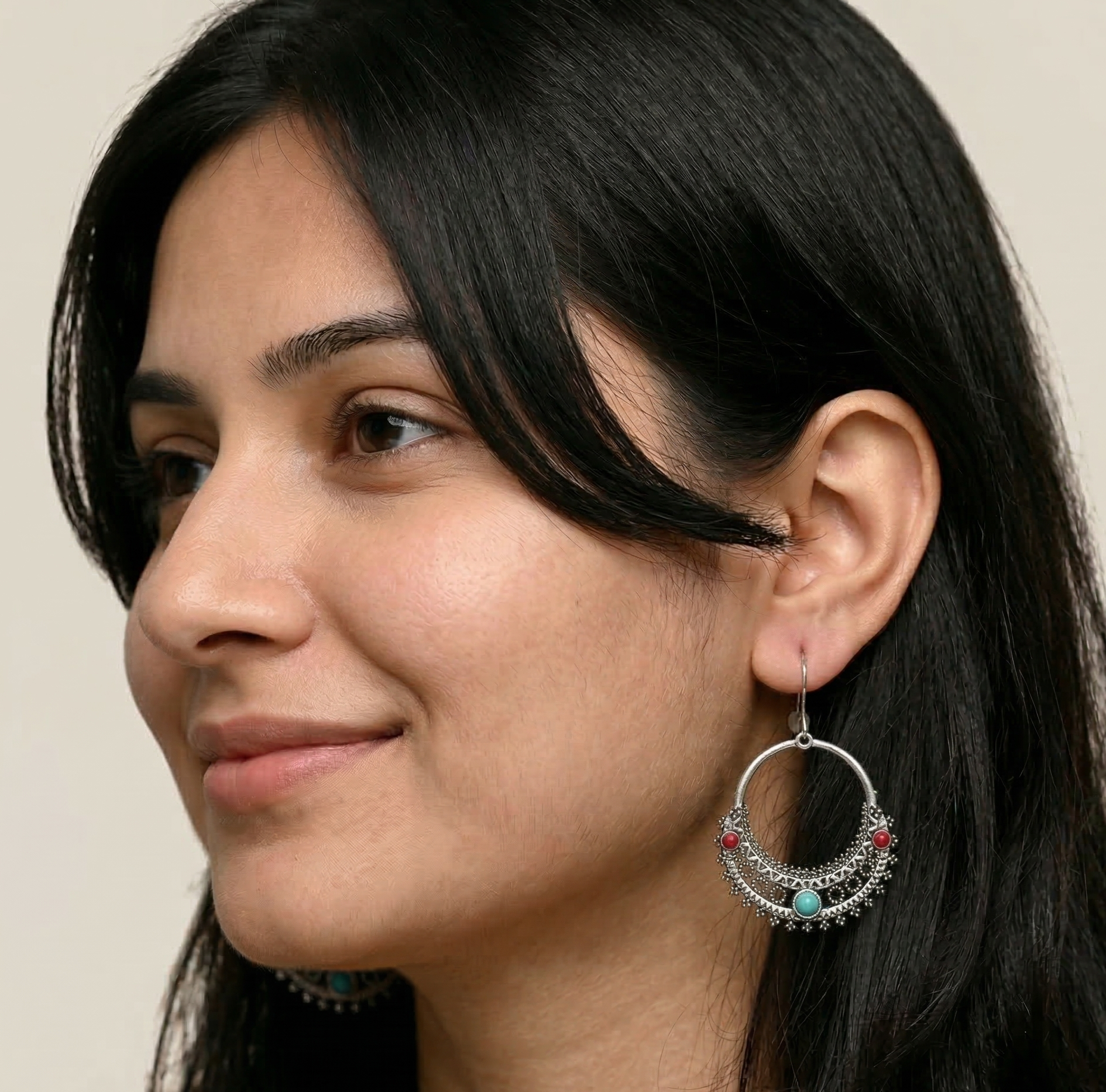 Bohemian Turquoise and Red Hoop Earrings Silver Tone Alloy