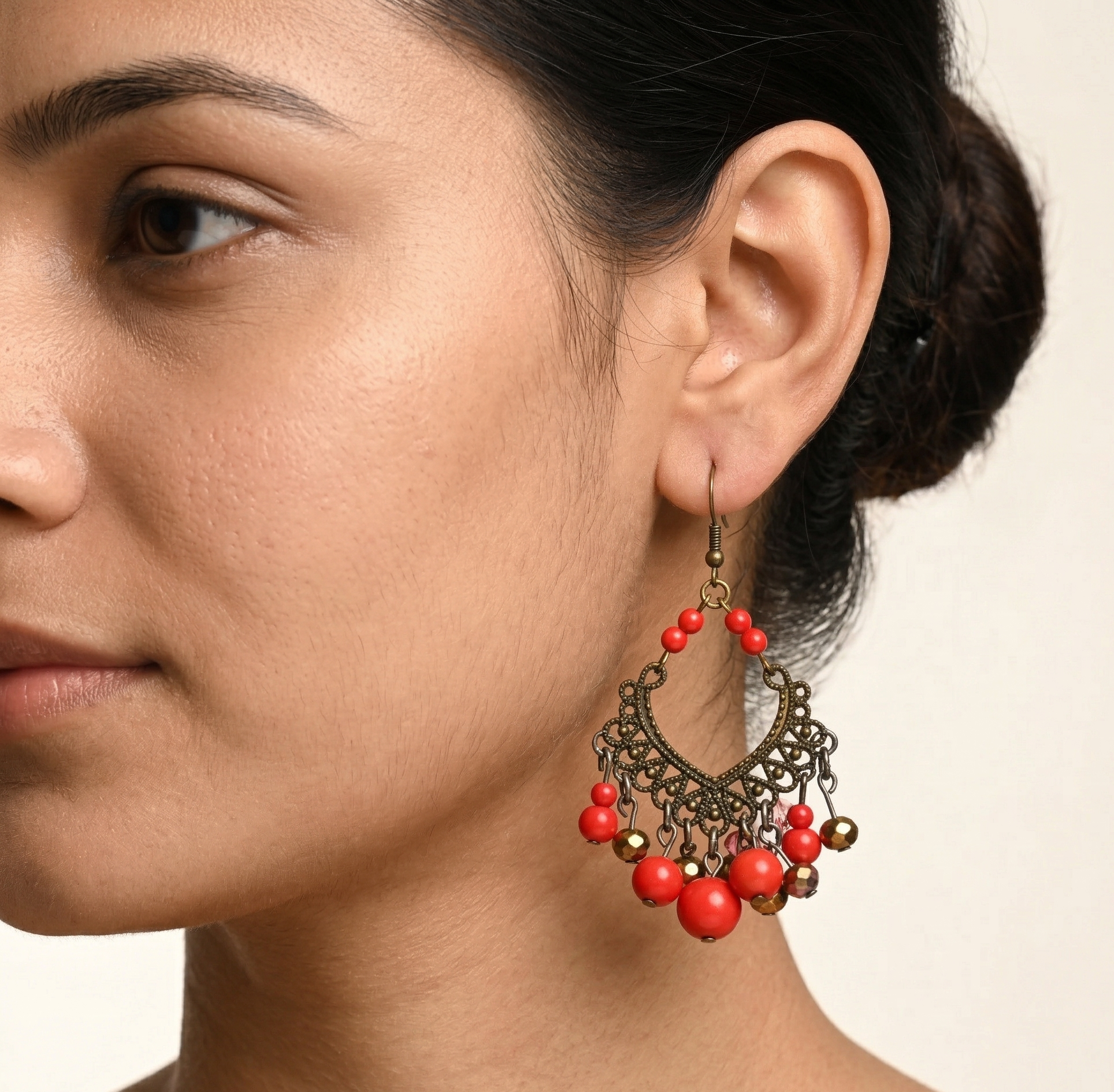 Vintage Red Beaded Statement Earrings Antique Gold Tone