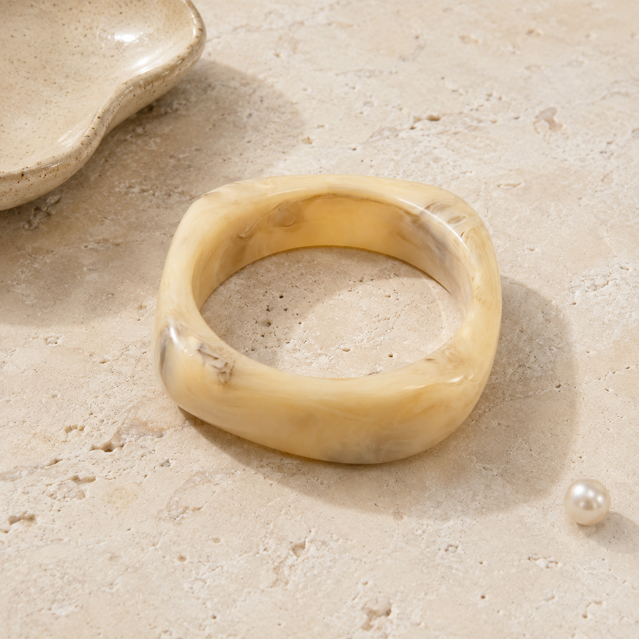 Beige Marbled Chunky Resin Bangle Bracelet for Women