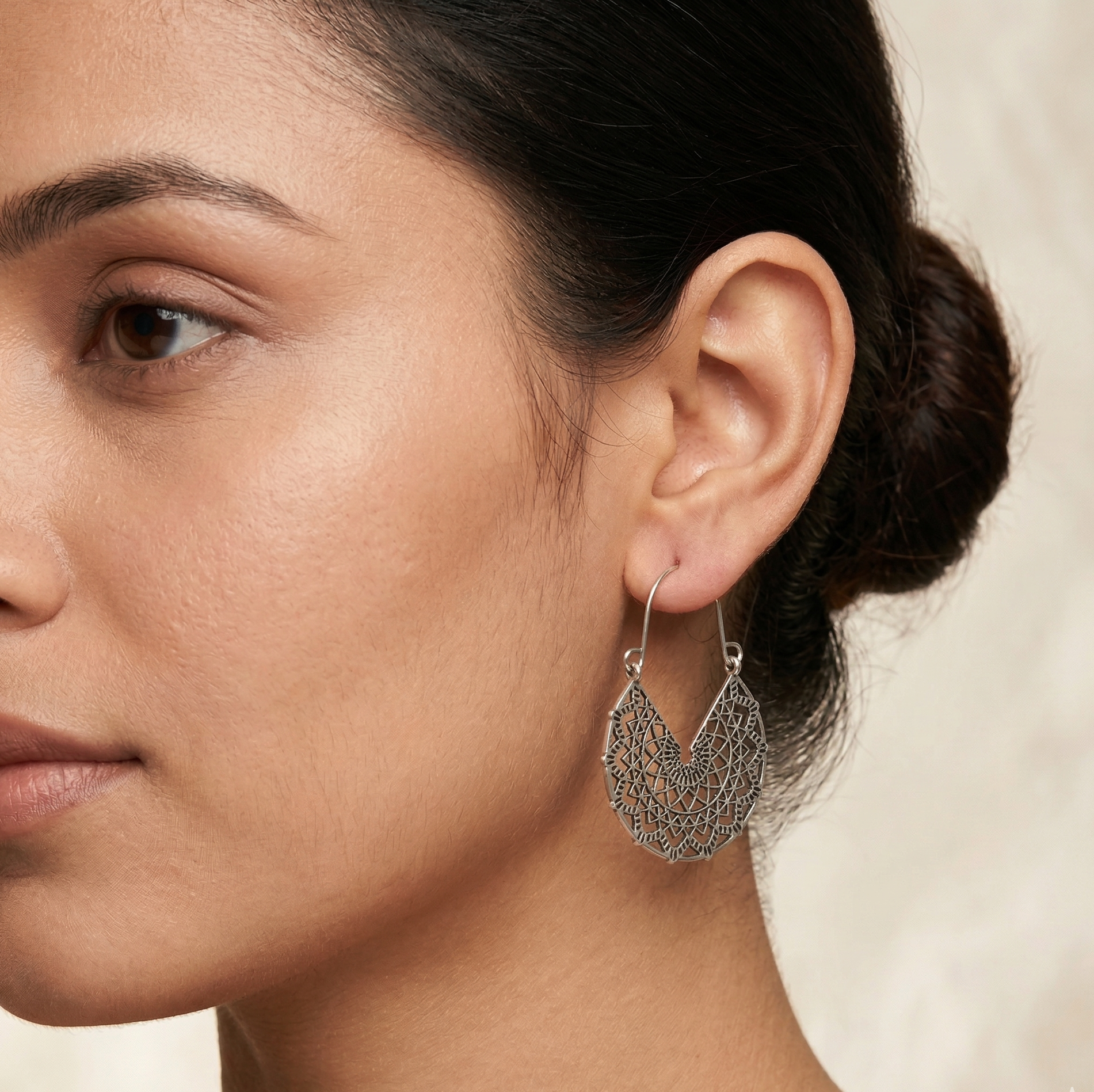 Bohemian Filigree U Shape Hoop Earrings Silver Tone Alloy
