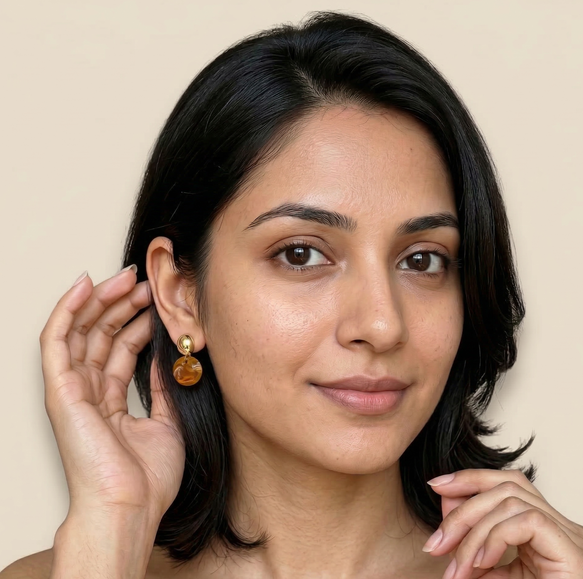 Amber Resin Disc Drop Earrings Gold Tone Studs