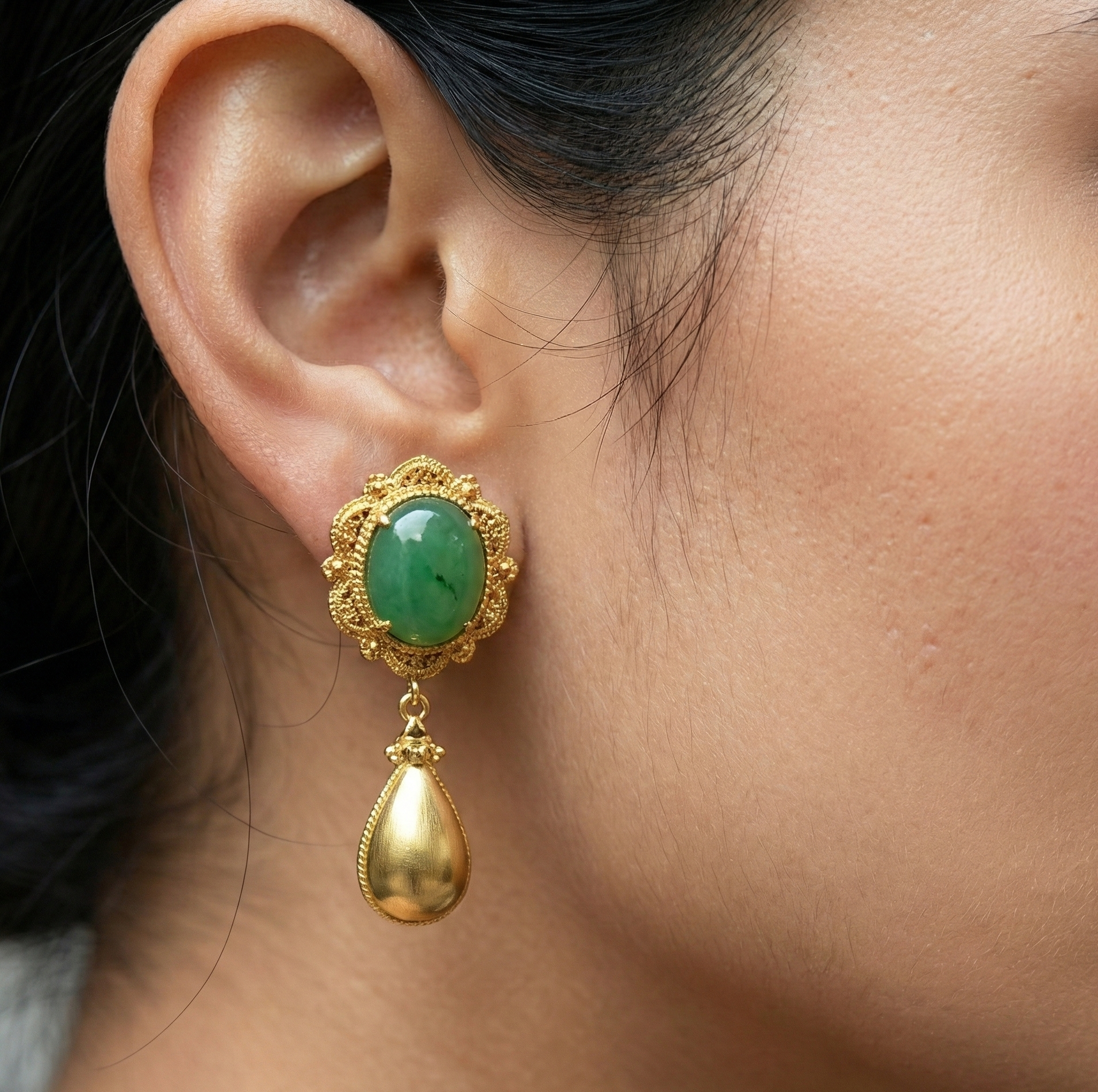Green Stone Drop Earrings 18K Gold Plated Stainless Steel