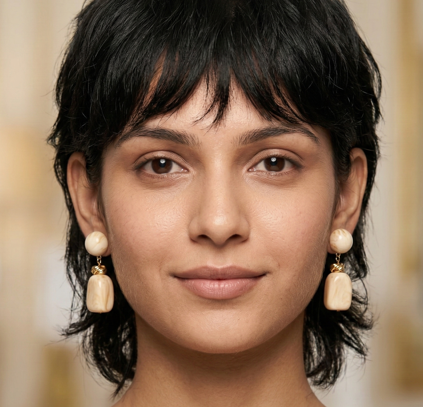 Cream Marble Resin Drop Earrings Gold Tone Knot Detail