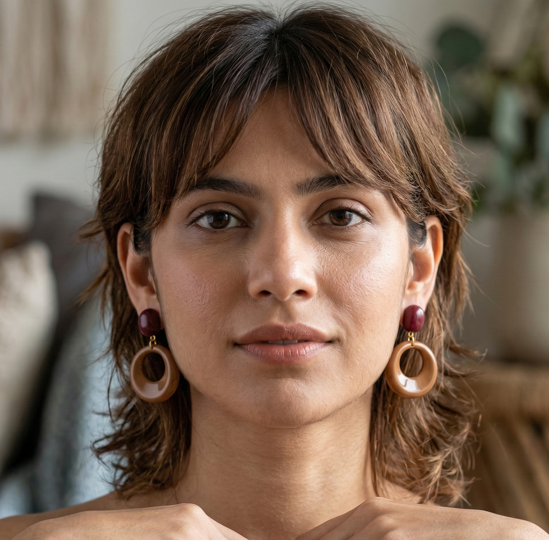 Burgundy and Caramel Resin Oval Drop Earrings Gold Tone Studs