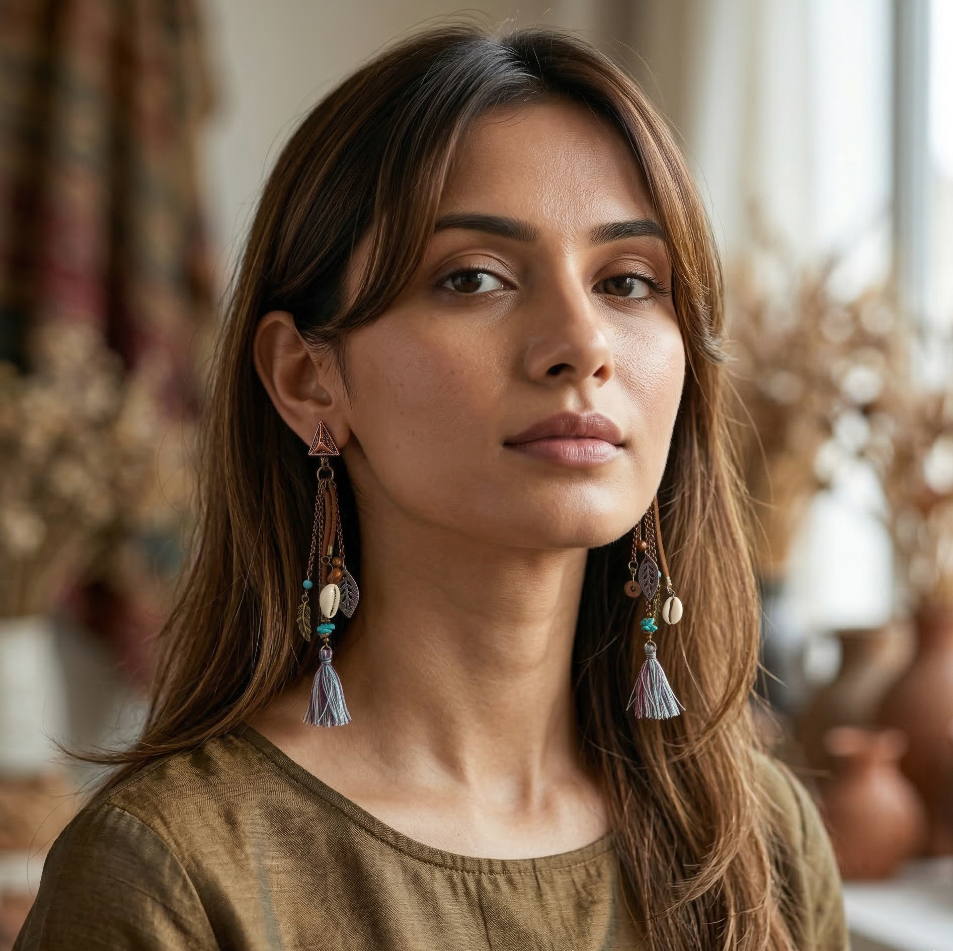 Bohemian Shell and Tassel Drop Earrings Antique Bronze Tone