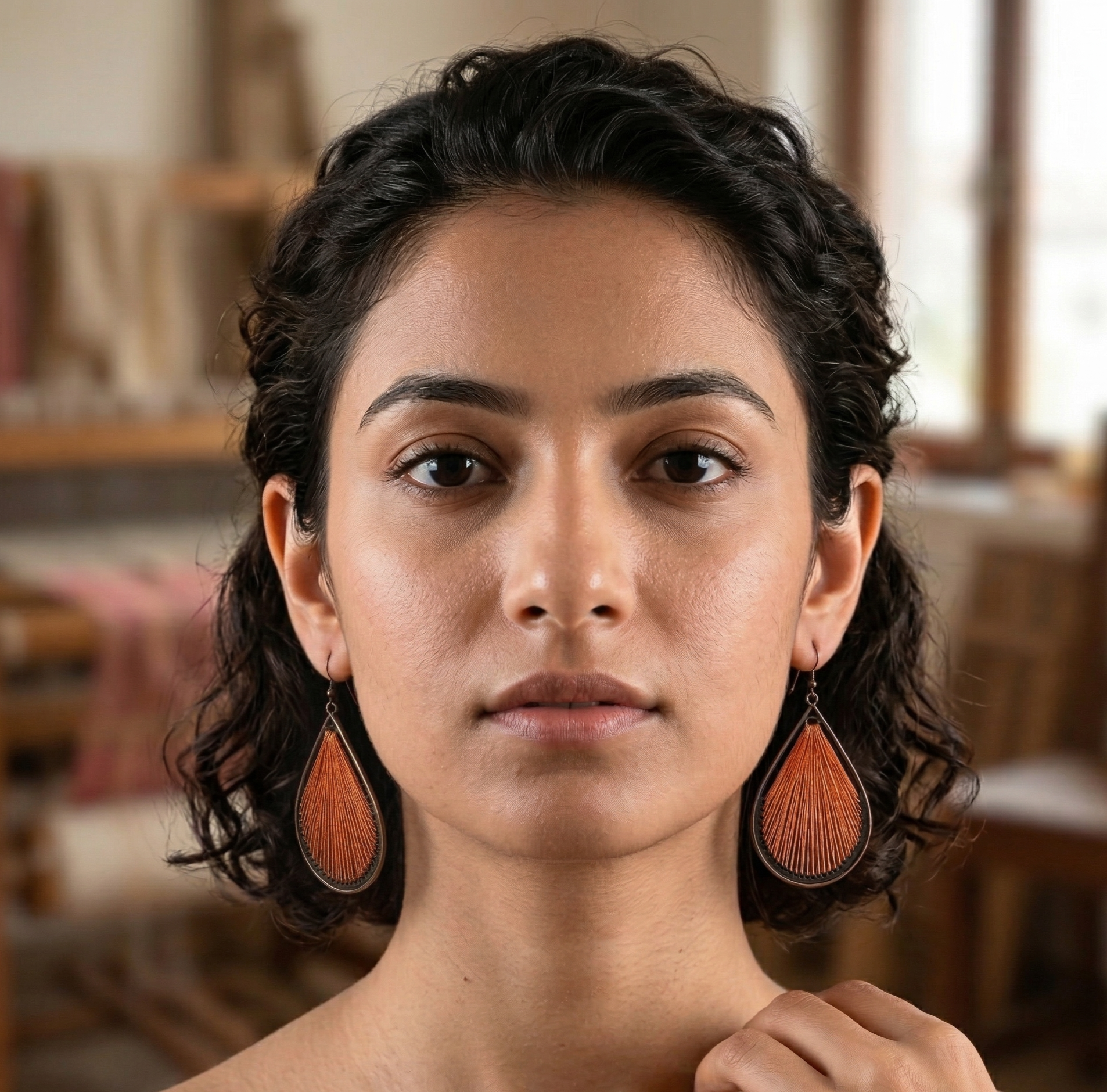 Bohemian Orange Thread Teardrop Earrings