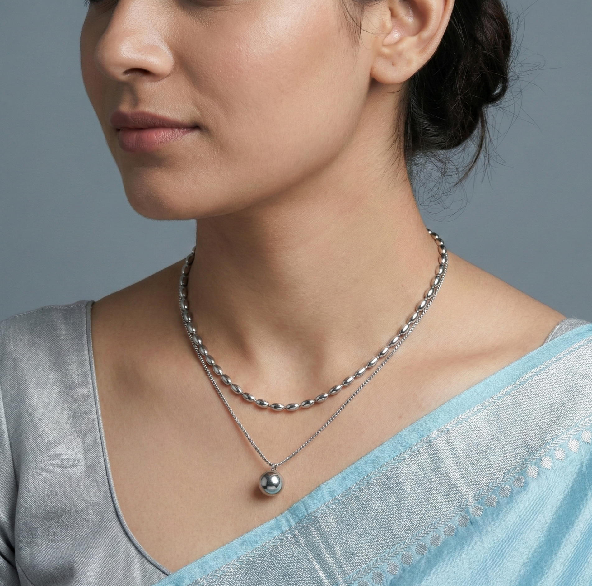 Layered Silver Bead Pendant Necklace for Women