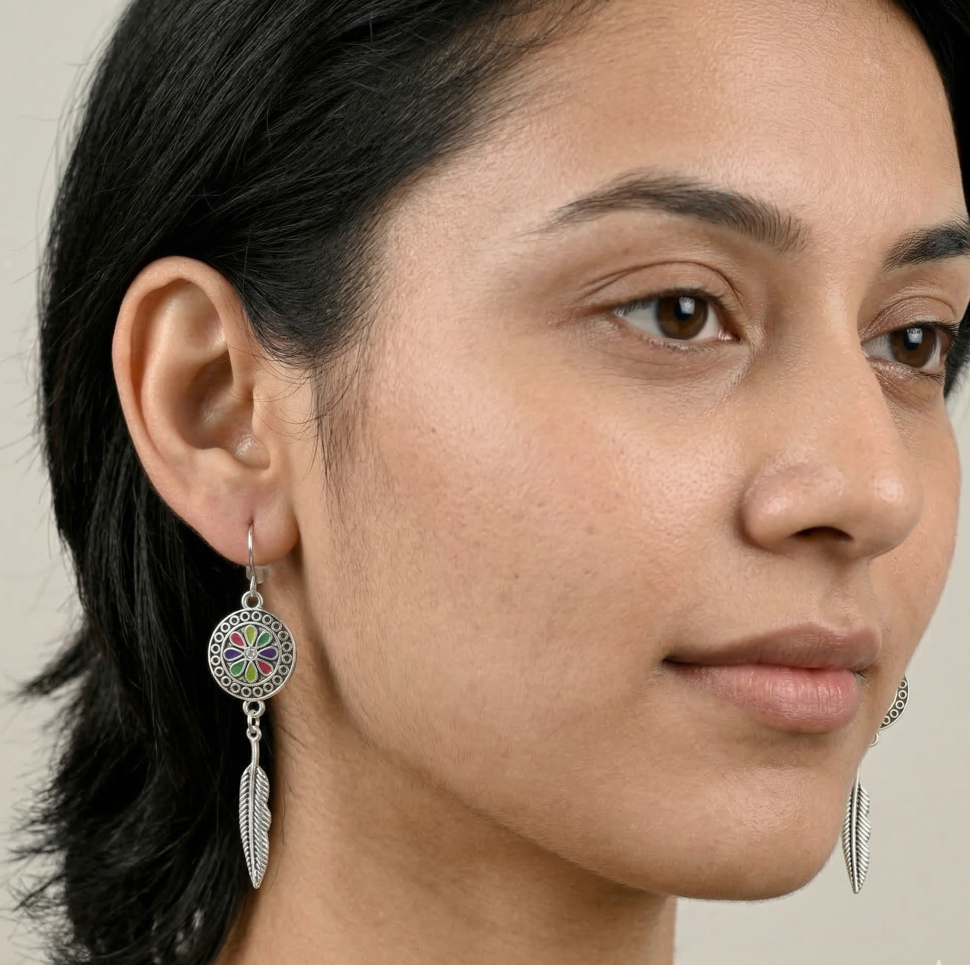 Bohemian Enamel Feather Drop Earrings Silver Tone Alloy