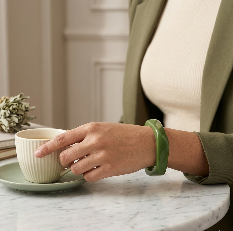 Olive Green Chunky Geometric Resin Bangle Bracelet for Women