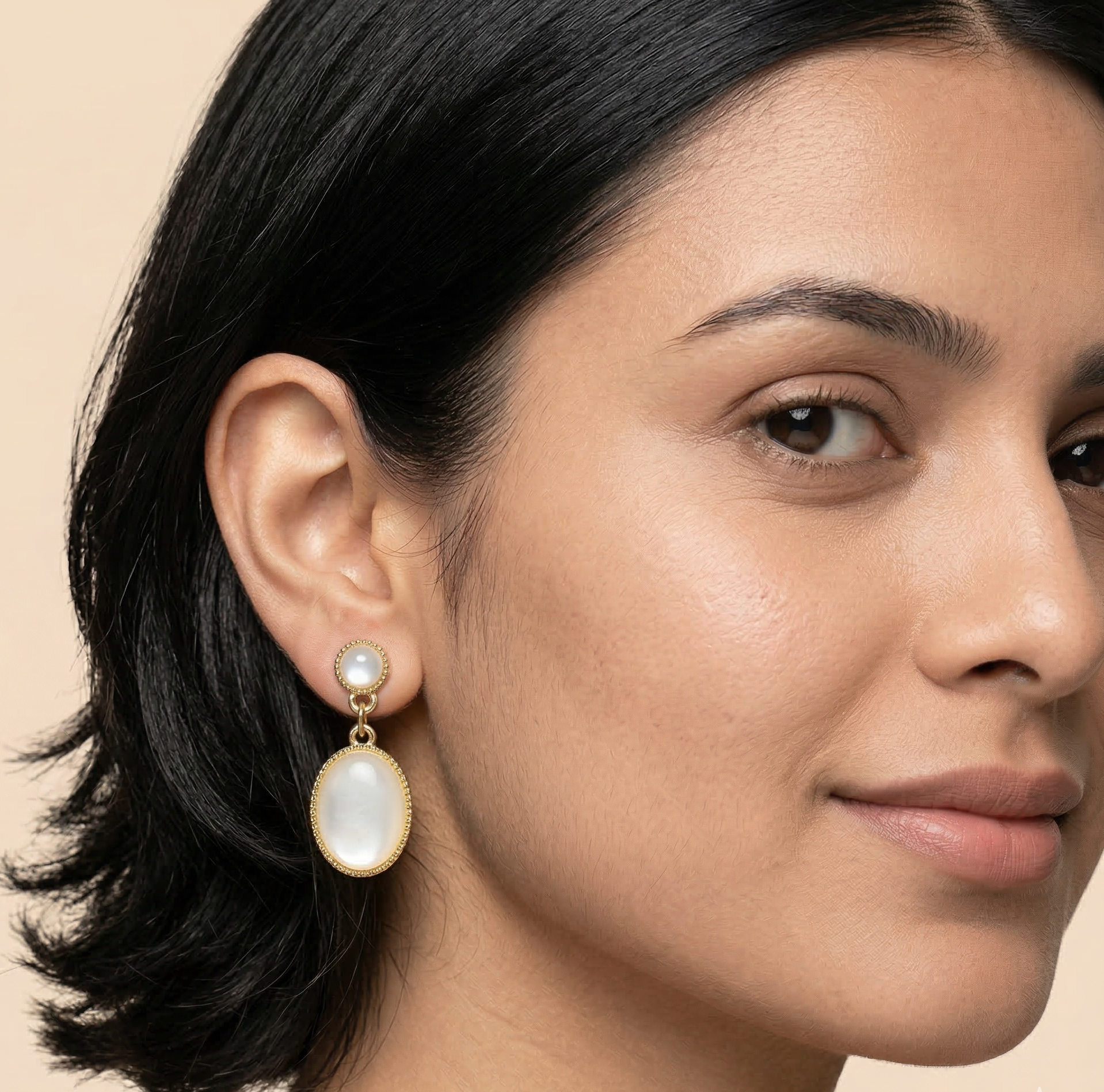 White Cat’s Eye Drop Earrings Gold Tone Stud Earrings