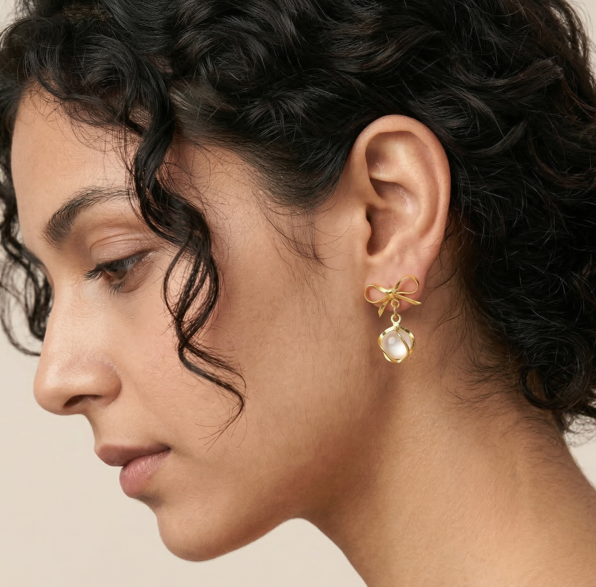 Gold Plated Bow Cat Eye Dangle Earrings