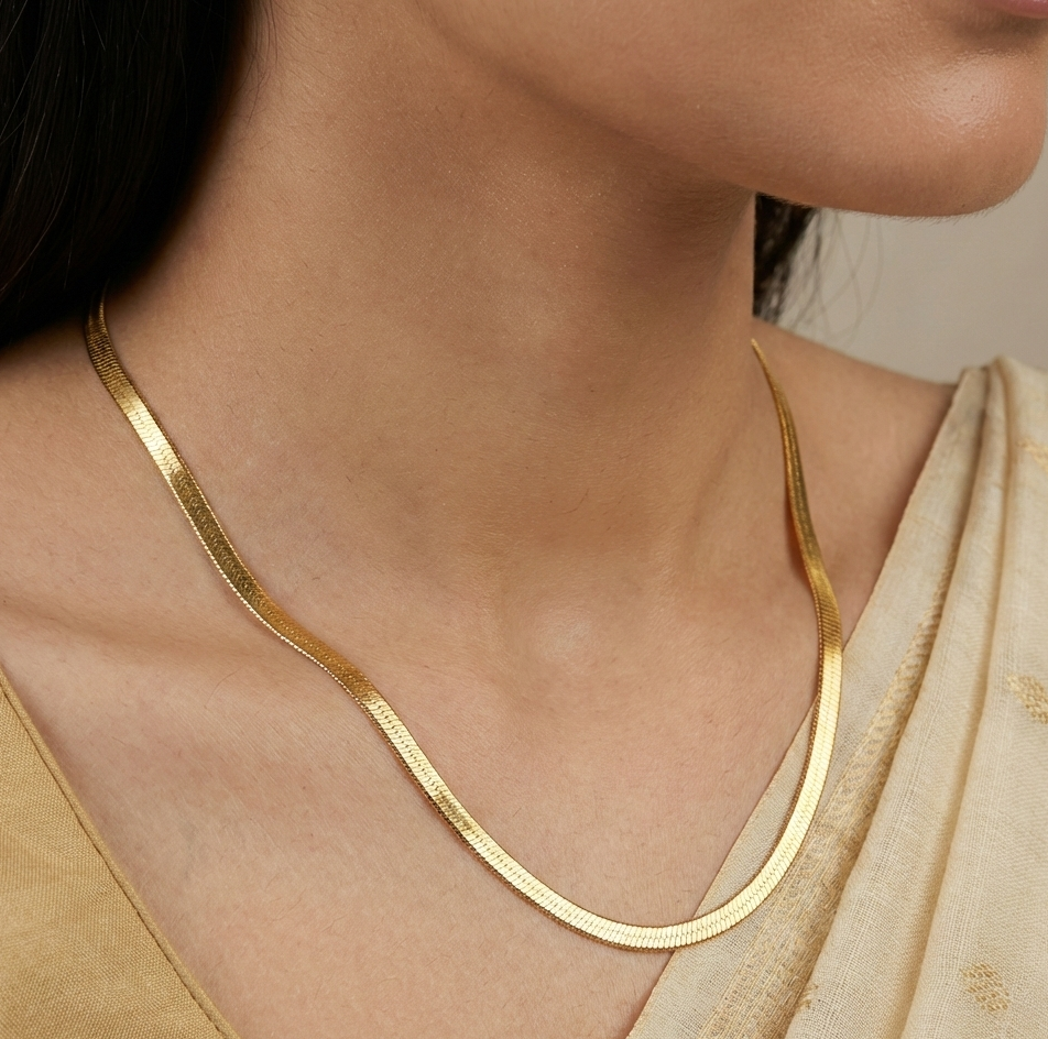 18K Gold Flat Snake Chain Necklace for Women – Minimalist Stainless Steel Choker