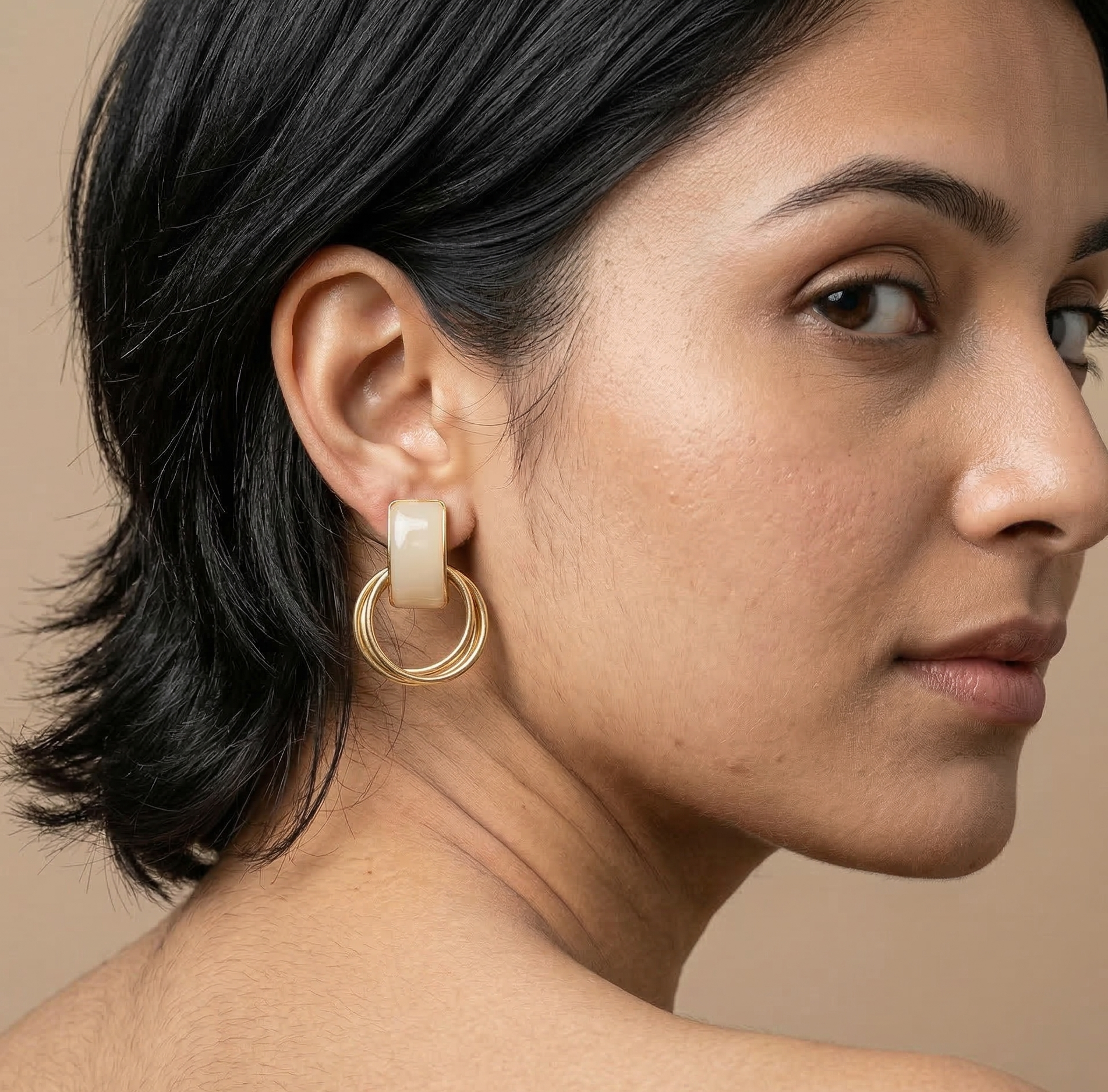 Cat's Eye Geometric Drop Earrings Gold Tone Circle Earrings