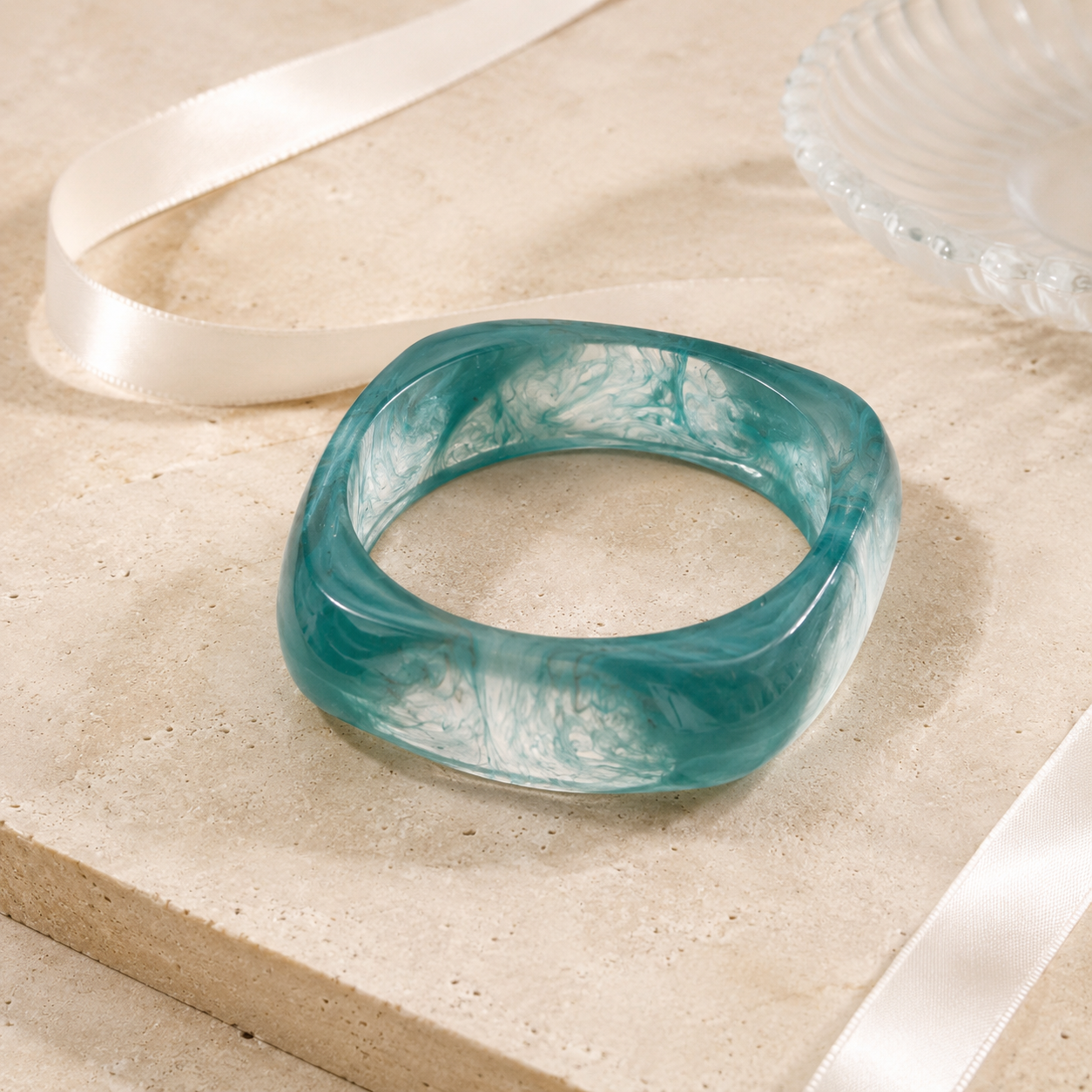 Sea Green Pearlescent Geometric Resin Bangle Bracelet for Women