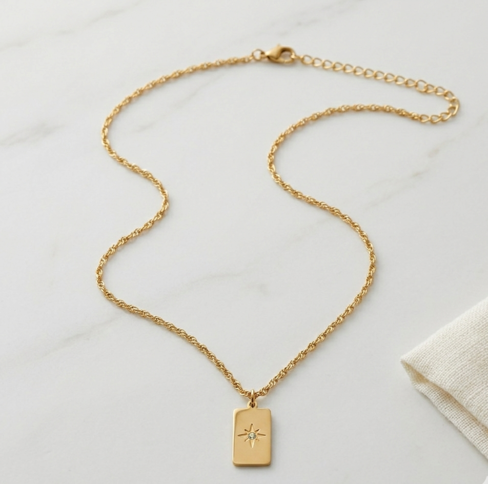 18K Gold Starburst Pendant Necklace for Women – Rectangle Pendant Chain