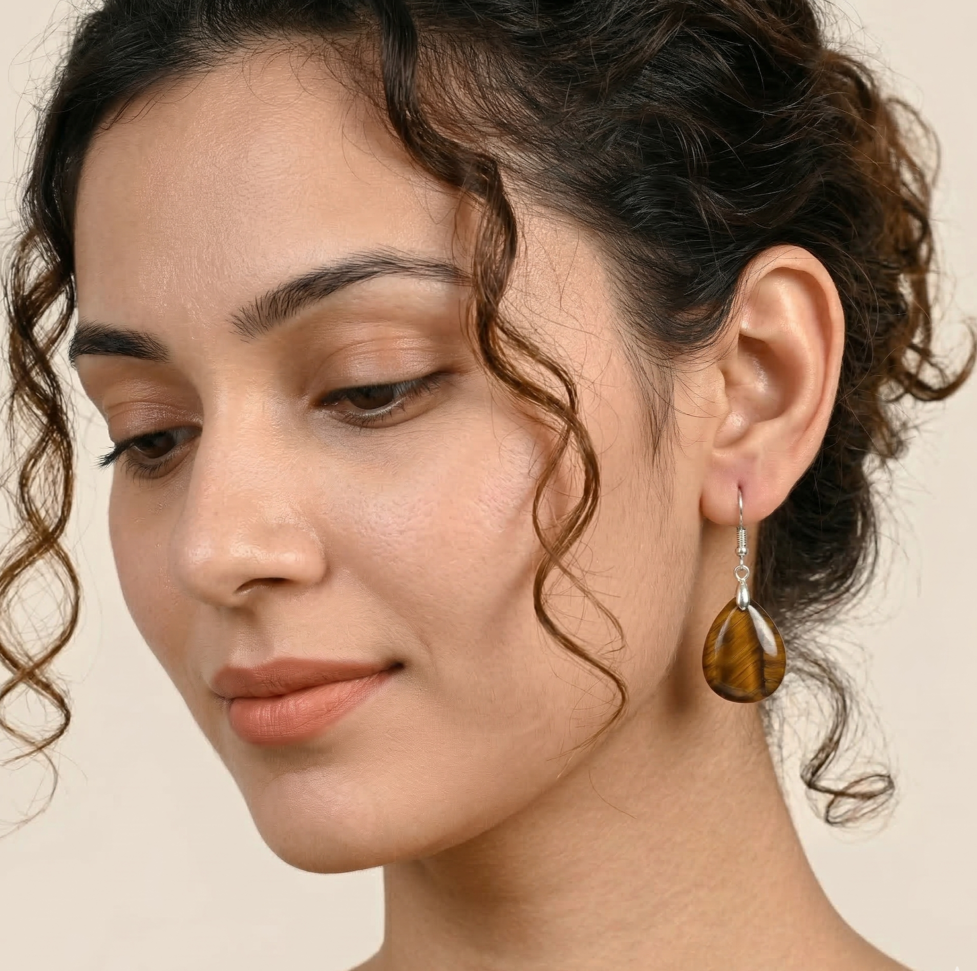 Tiger Eye Teardrop Dangle Earrings Silver Tone