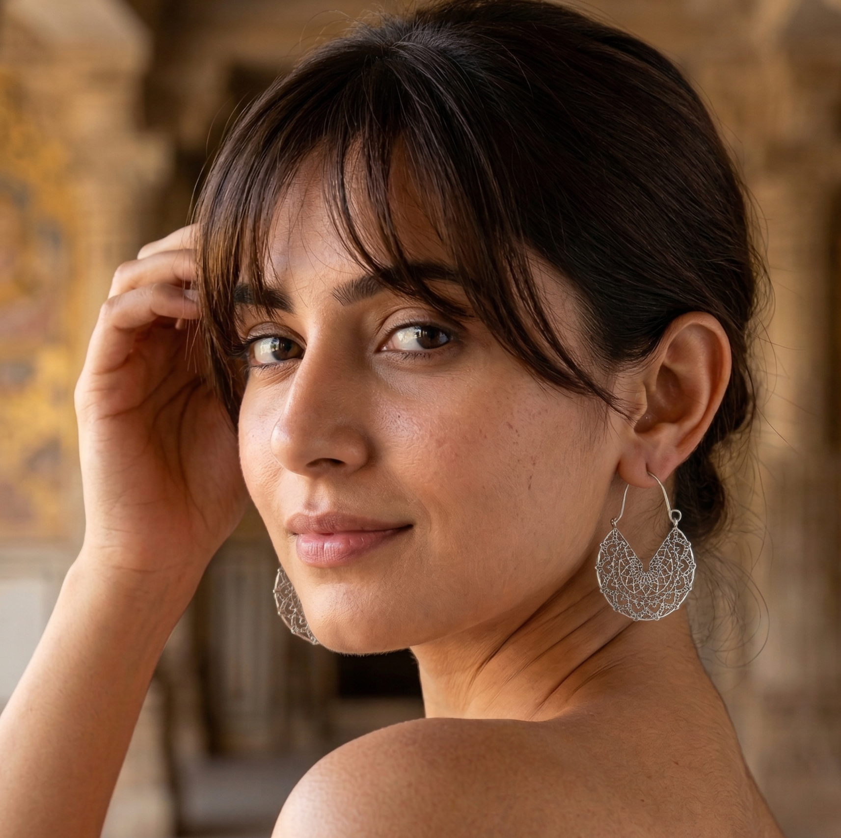 Bohemian Filigree U Shape Hoop Earrings Silver Tone Alloy