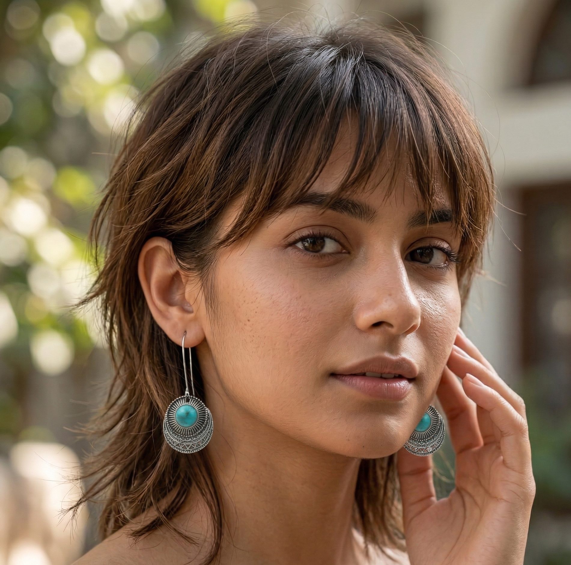 Retro Turquoise Round Drop Earrings Silver Tone Alloy