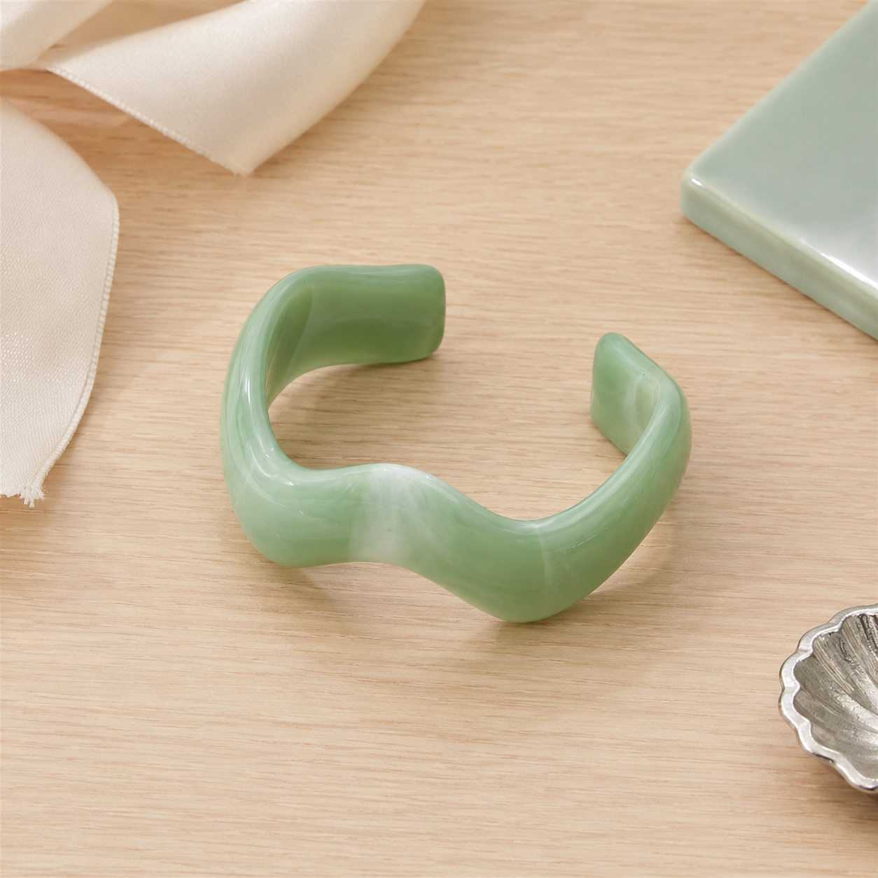 Mint Green Open Wave Resin Cuff Bracelet for Women