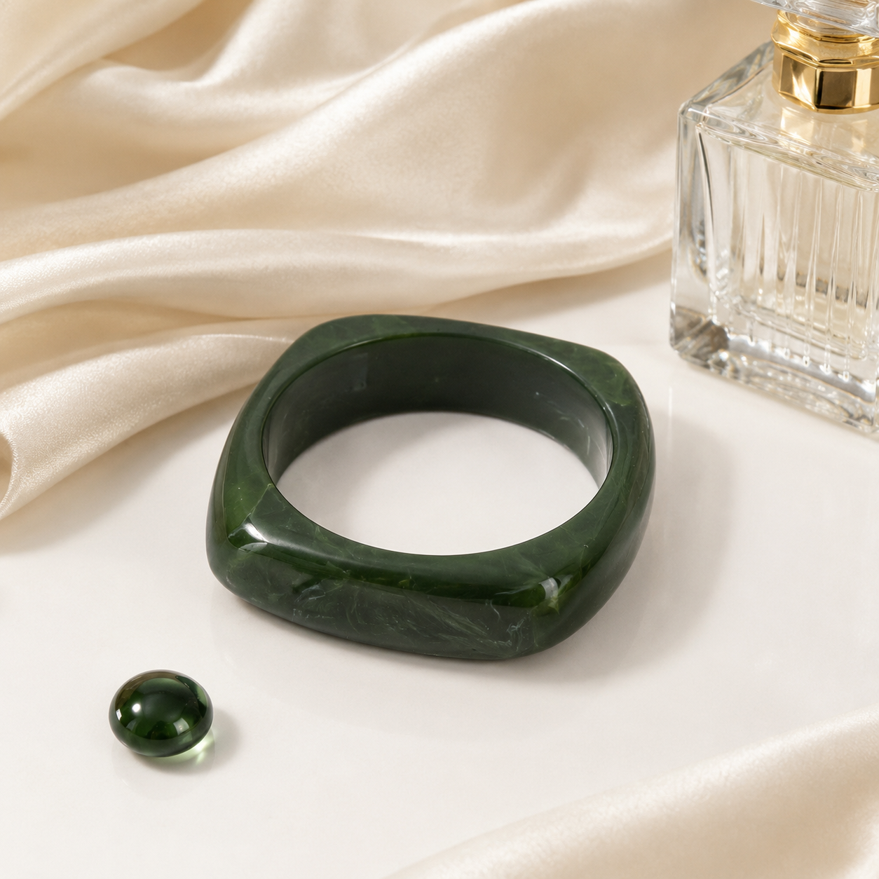 Dark Green Marbled Chunky Geometric Resin Bangle Bracelet for Women