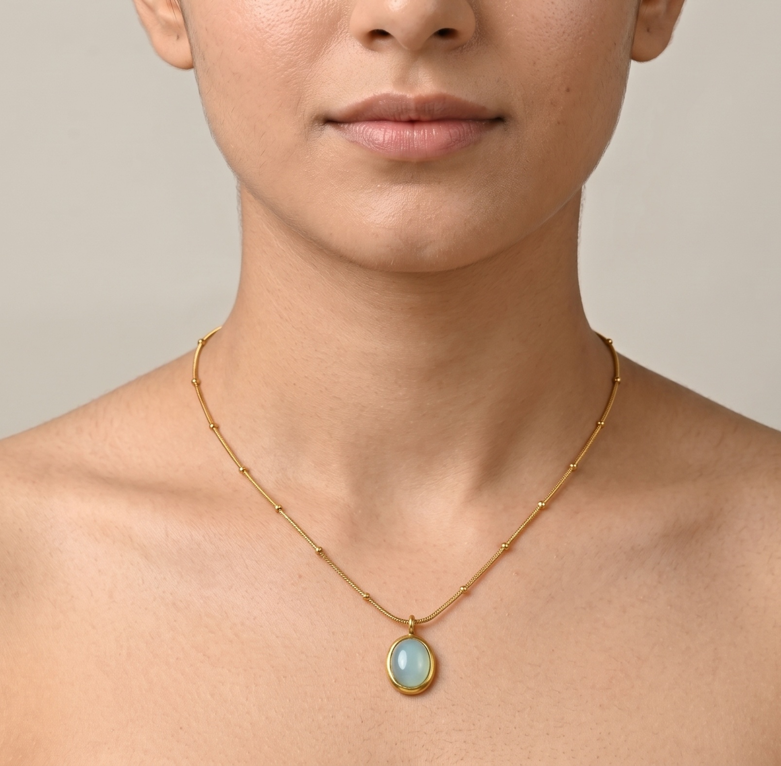 Blue Cat Eye Oval Pendant Necklace in 18K Gold Plated Stainless Steel