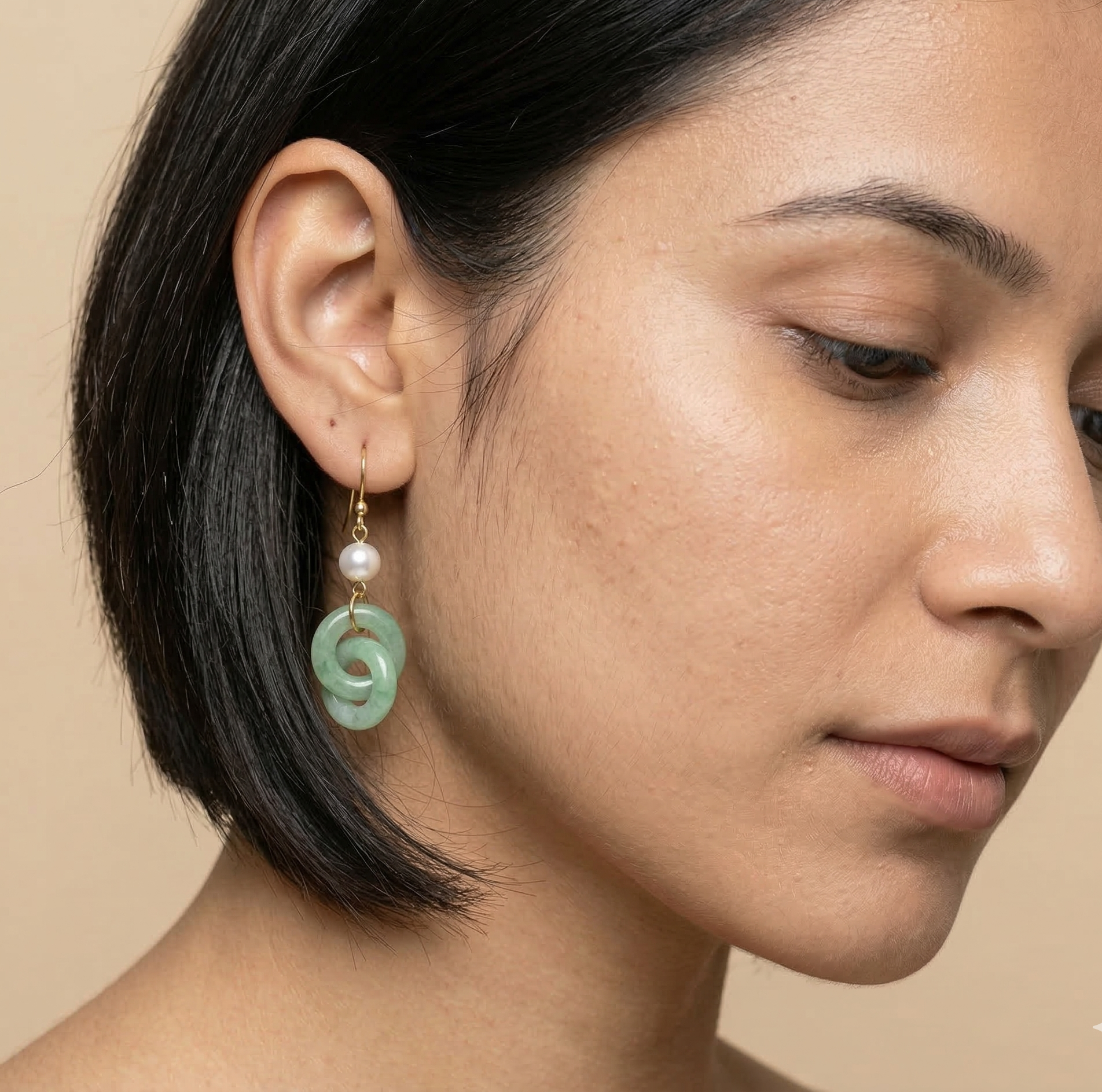 Mint Green Interlocking Resin Drop Earrings with Pearl Bead and Gold Tone Hooks