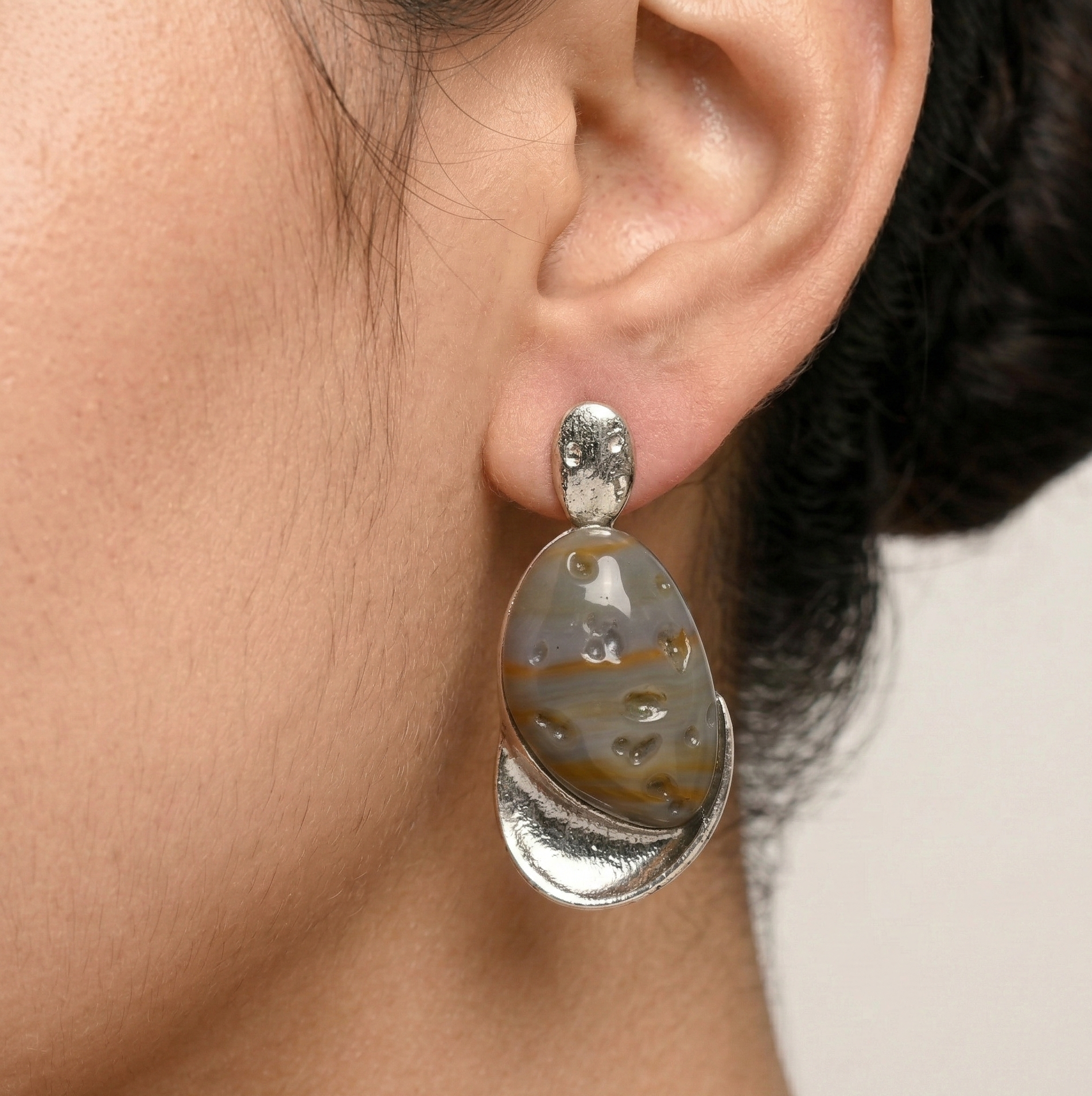Grey Resin Drop Earrings for Women with Silver Tone Detail