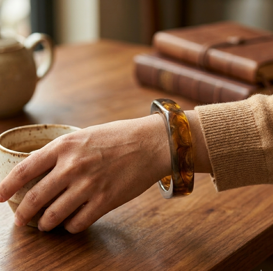 Amber Swirl Resin Square Bangle Bracelet for Women