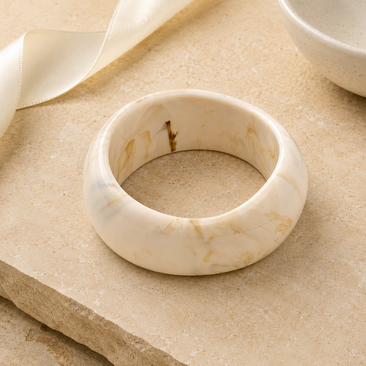 Cream Marbled Chunky Resin Bangle Bracelet for Women