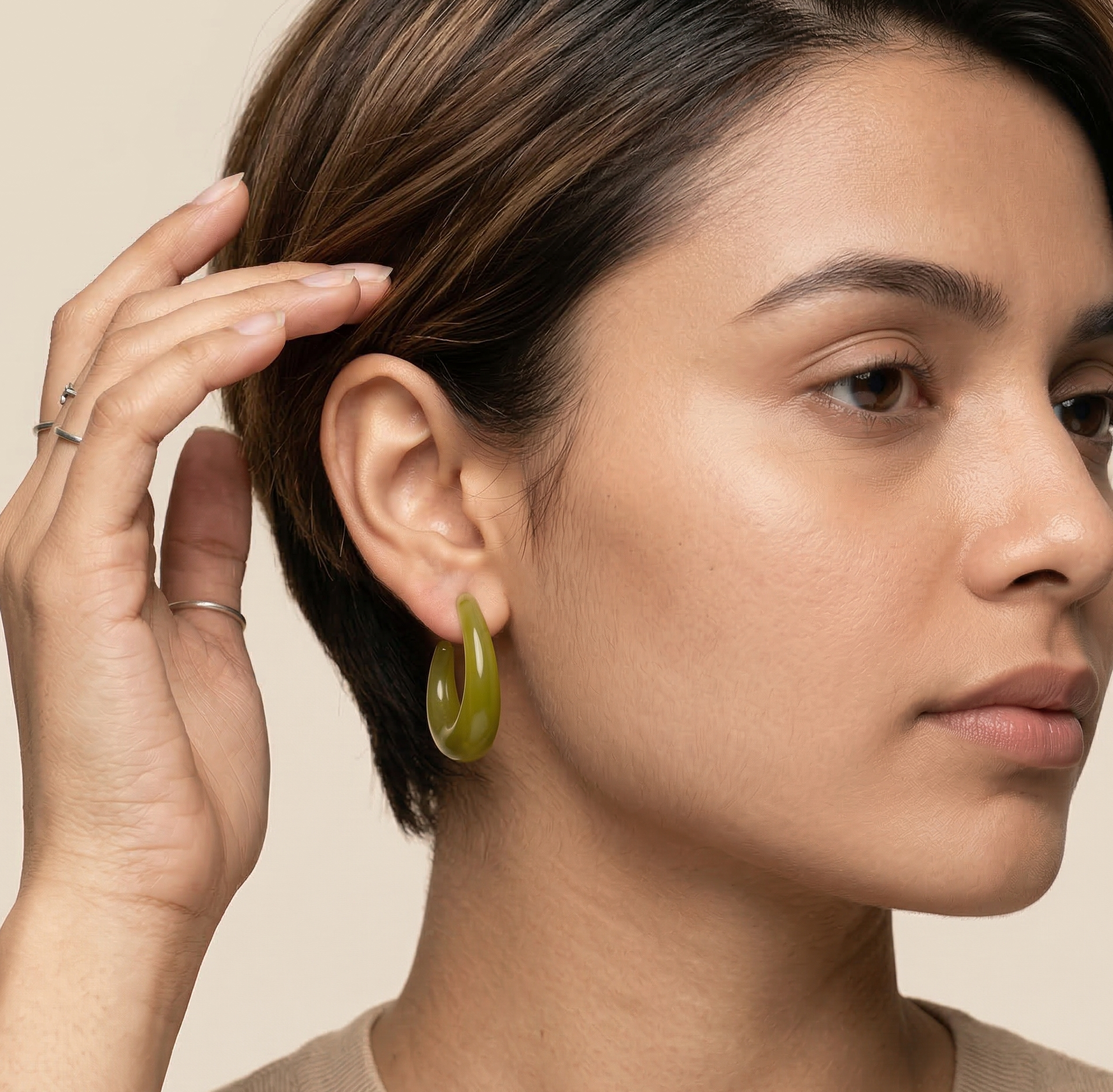 Olive Green Resin Open Hoop Earrings Stainless Steel Studs