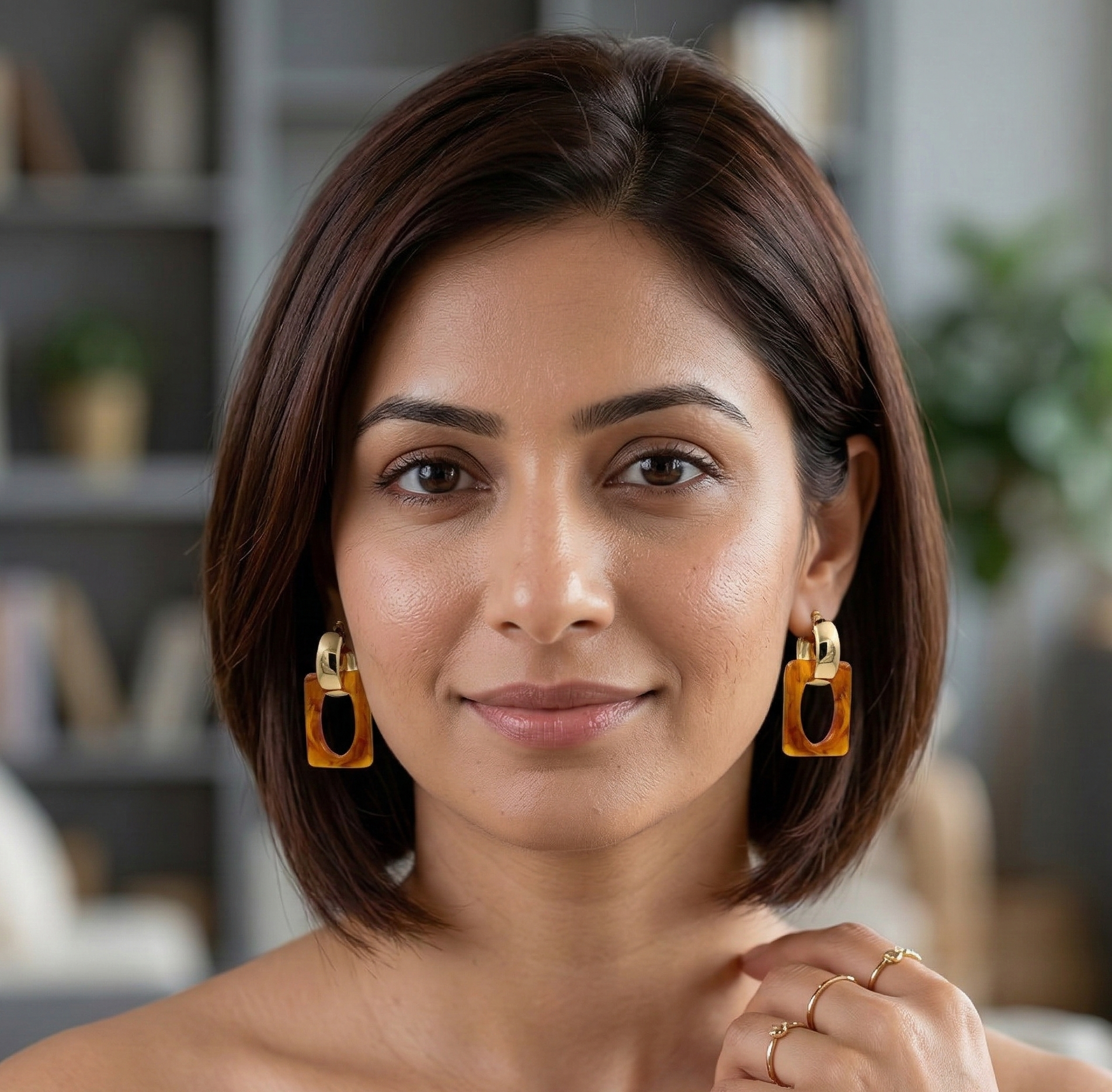 Amber Marbled Resin Rectangle Drop Earrings Gold Tone S925 Silver Pin