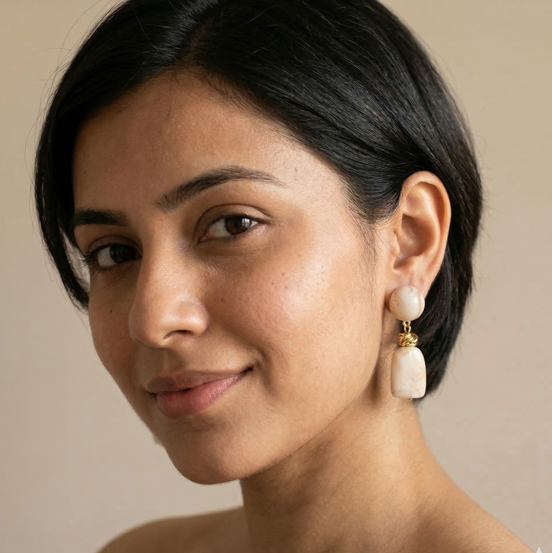 Cream Marble Resin Drop Earrings Gold Tone Knot Detail