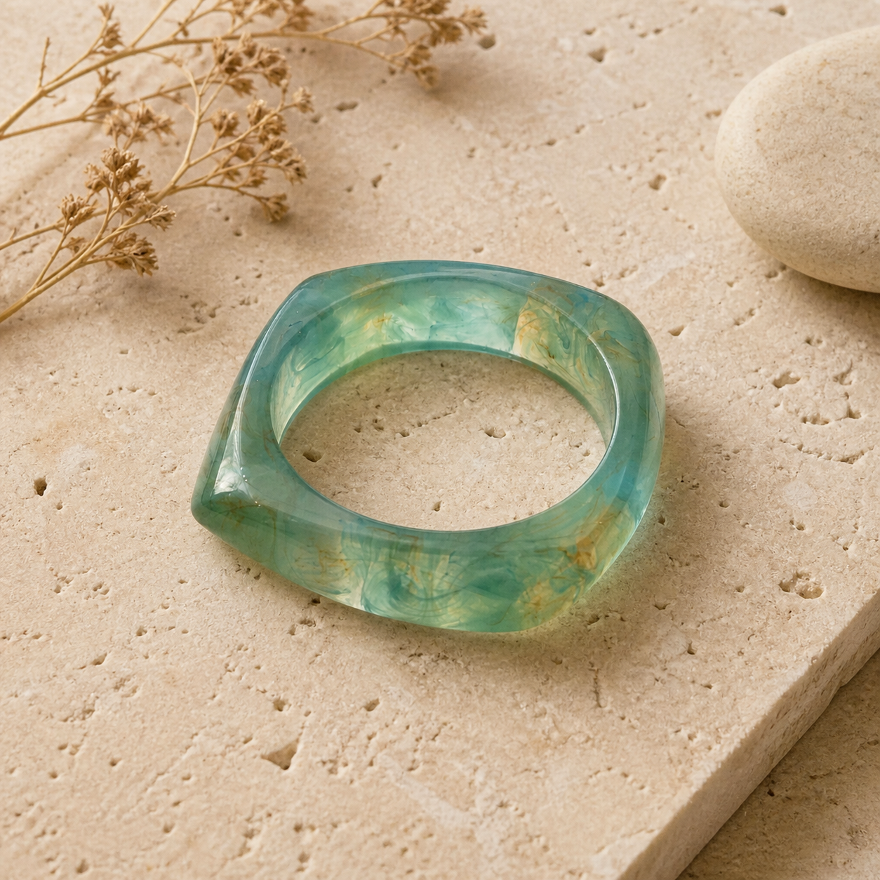 Green Marble Resin Square Bangle Bracelet for Women