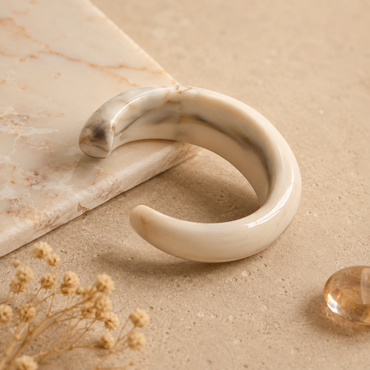 Cream Marble Open Resin Cuff Bangle Bracelet for Women