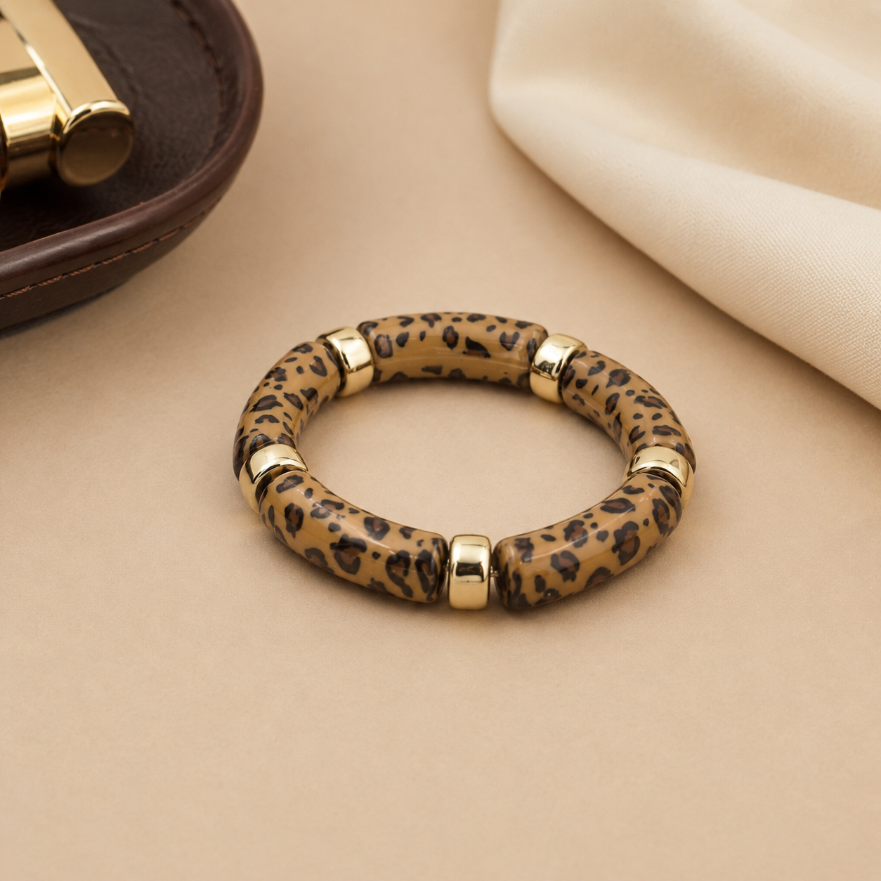 Leopard Print Acrylic Beaded Stretch Bracelet with Gold Accents